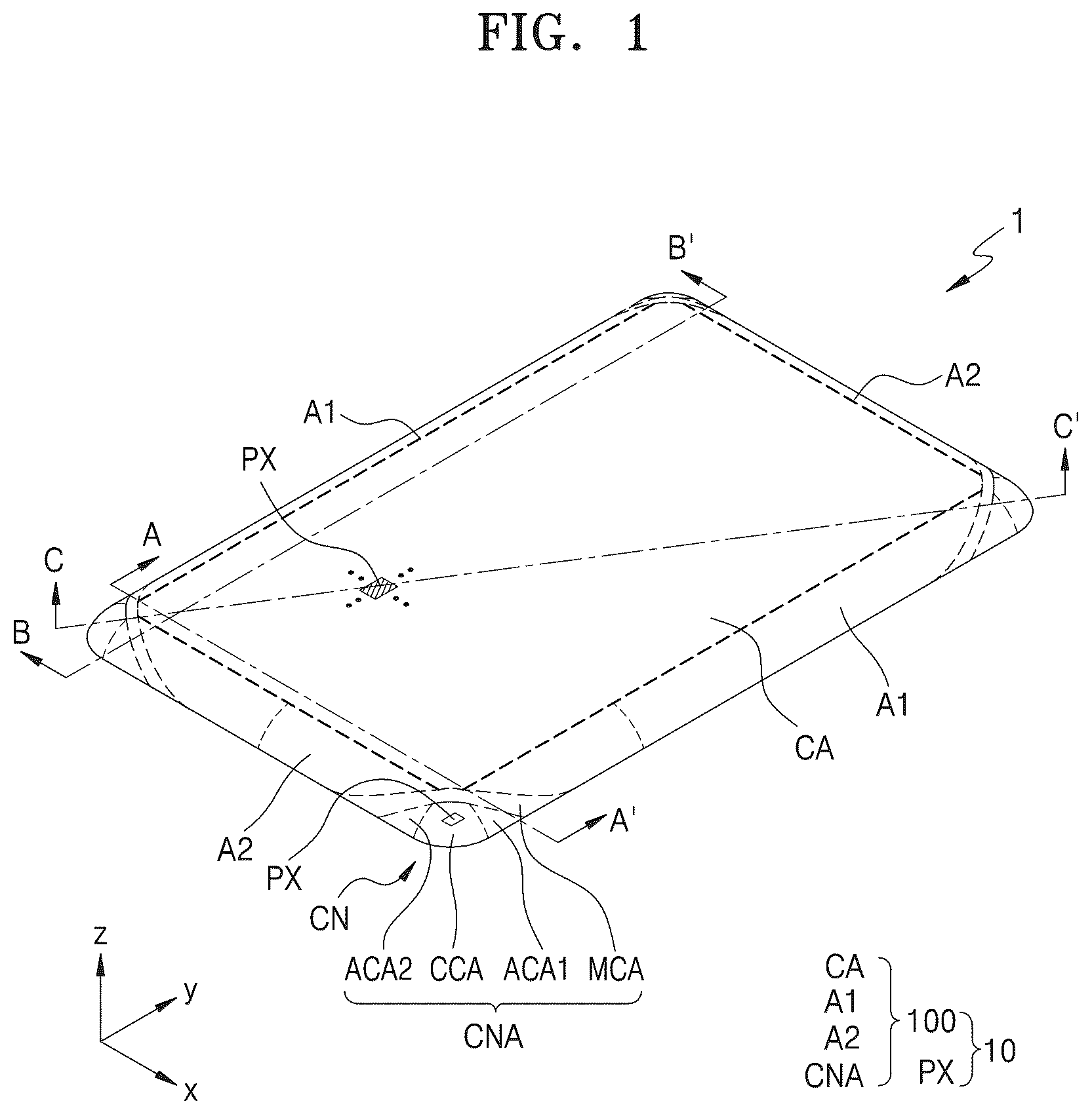 Patent US12310175 — Display panel and display device having center and adjacent corner areas spaced apart from each other by a penetration area — Figure 1