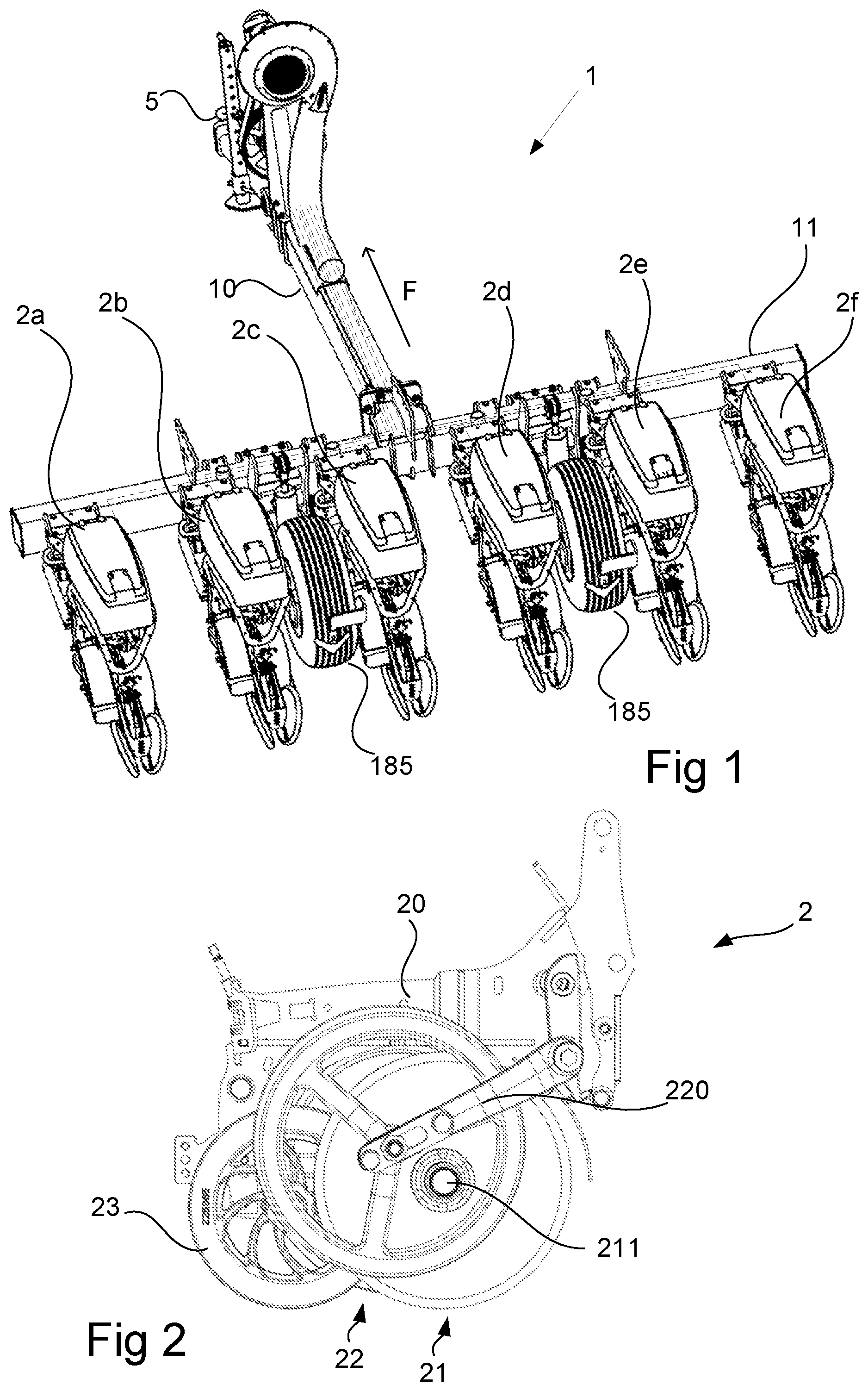 Patent US12310271 — Gauge wheel device, row unit, agricultural implement and method of operating gauge wheel device — Figure 1