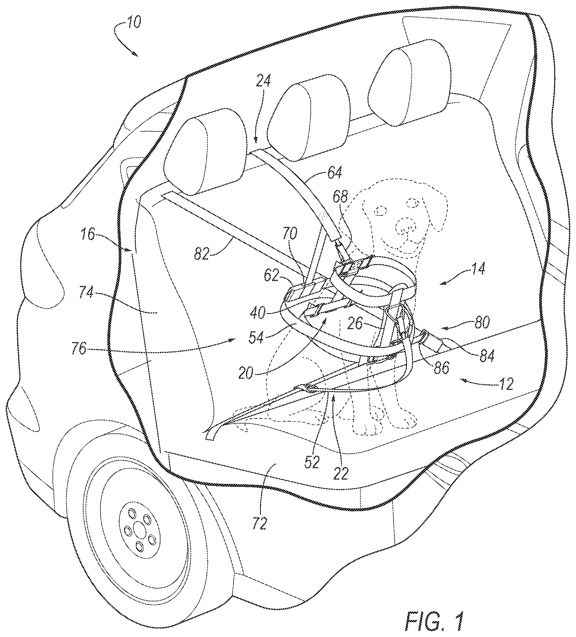 Patent US12310333 — Dog harness assembly for vehicle — Figure 1