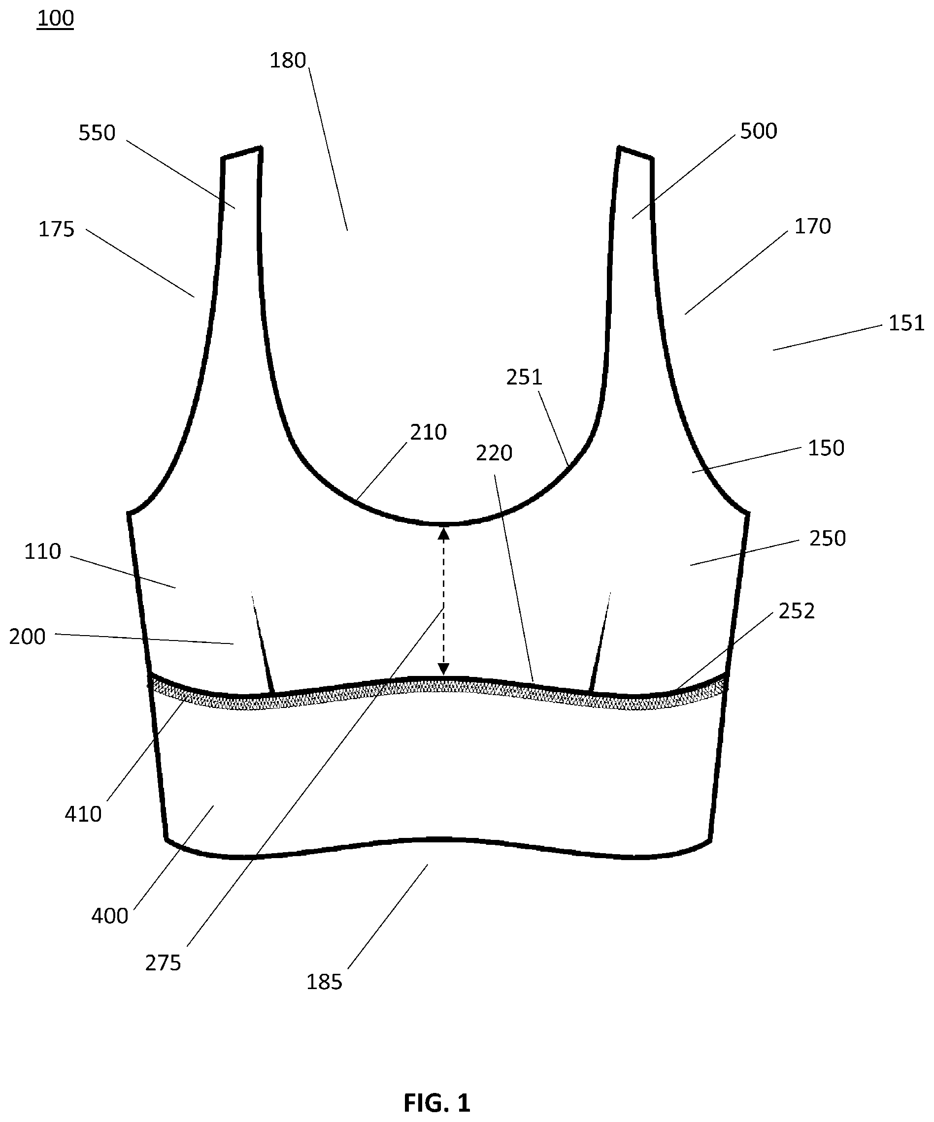 Patent US12310439 Figure 1 – Garment having cup pockets with concealed openings