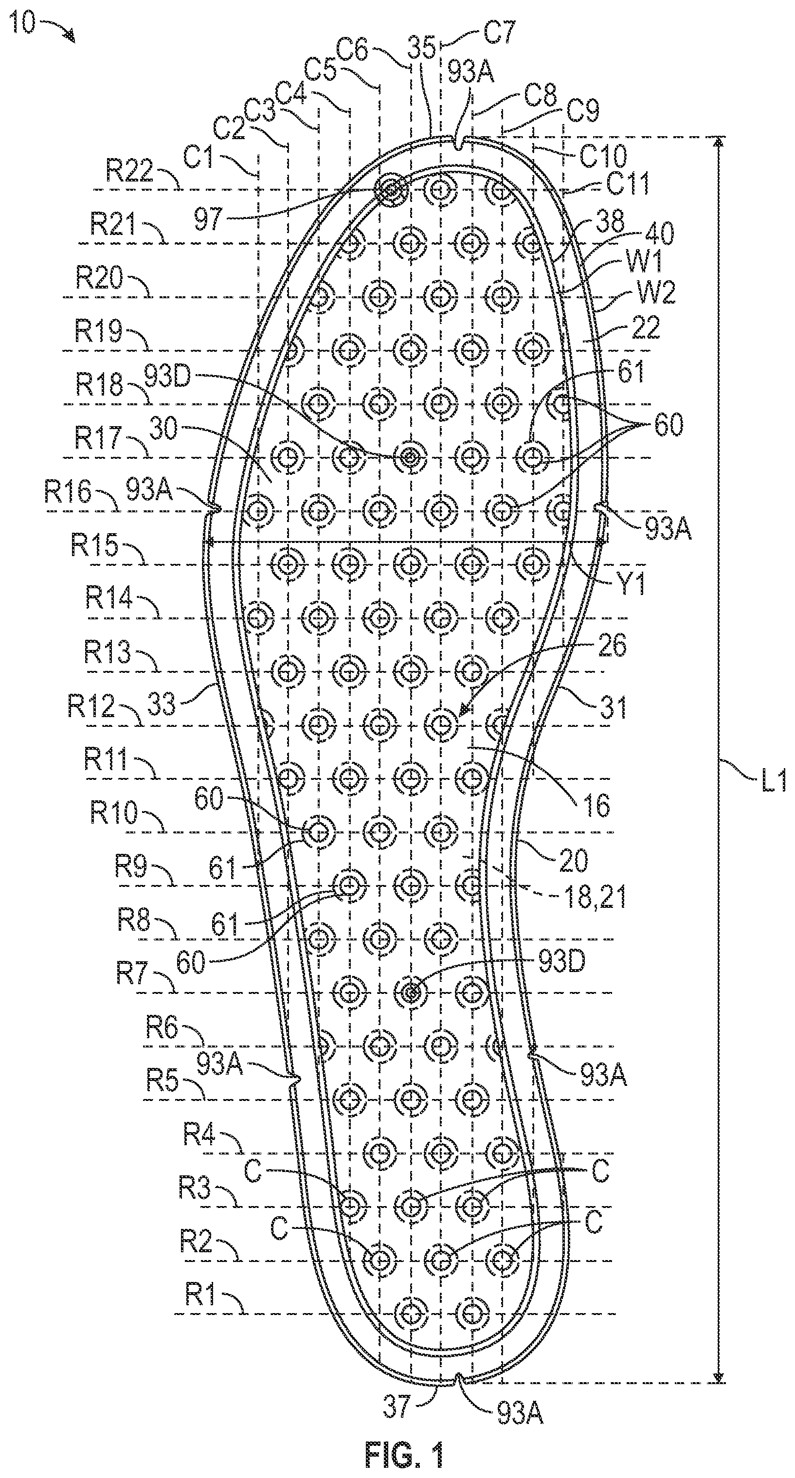Patent US12310449 Figure 1 – Footwear strobel with bladder having grooved flange and method of manufacturing