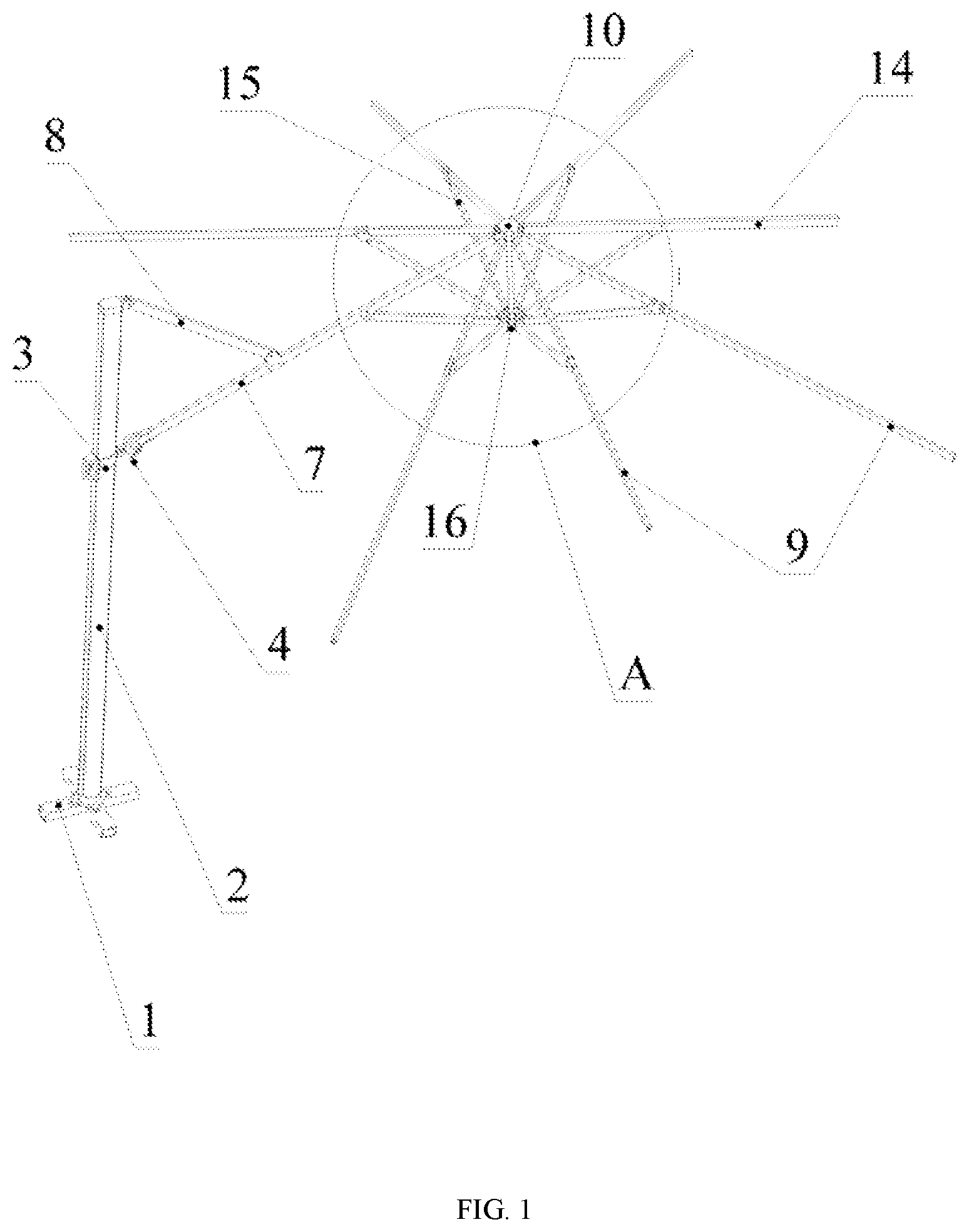 Patent US12310468 — Side-arm umbrella structure — Figure 1