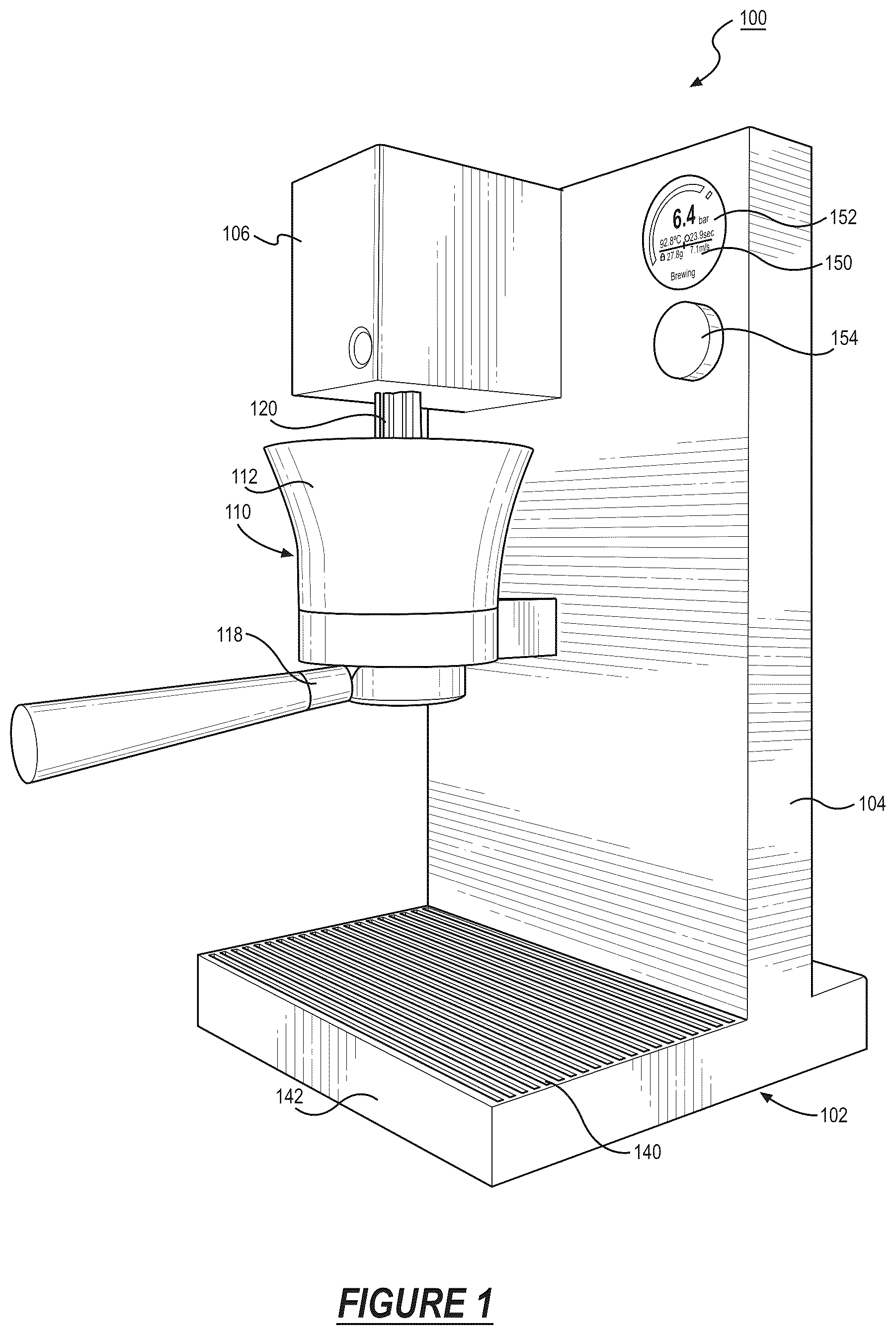 Patent US12310526 — System for automated brew cycles and machine controls and interfaces — Figure 1