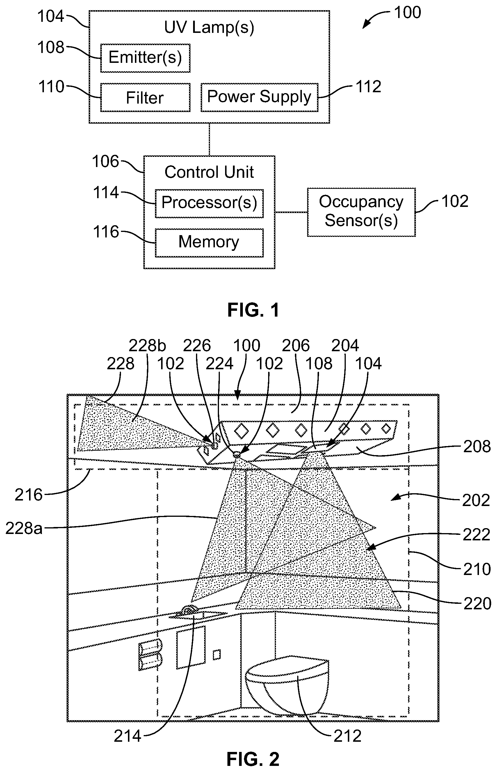 Patent US12311066 Figure 1 – Ultraviolet light sanitizing system and method with occupancy detection