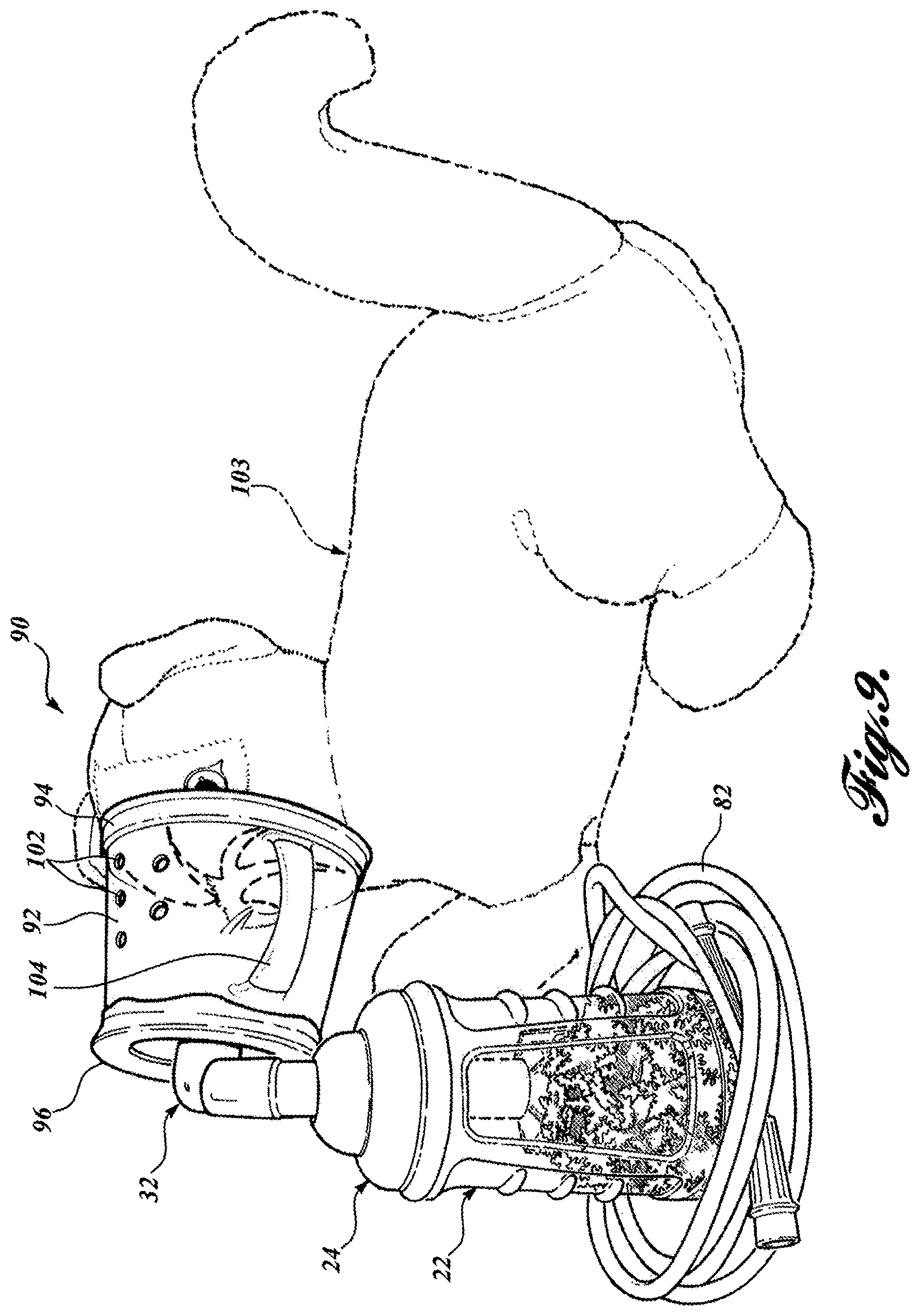 Patent US12311112 Figure 9 – Thermal material nebulizing system with animal mask