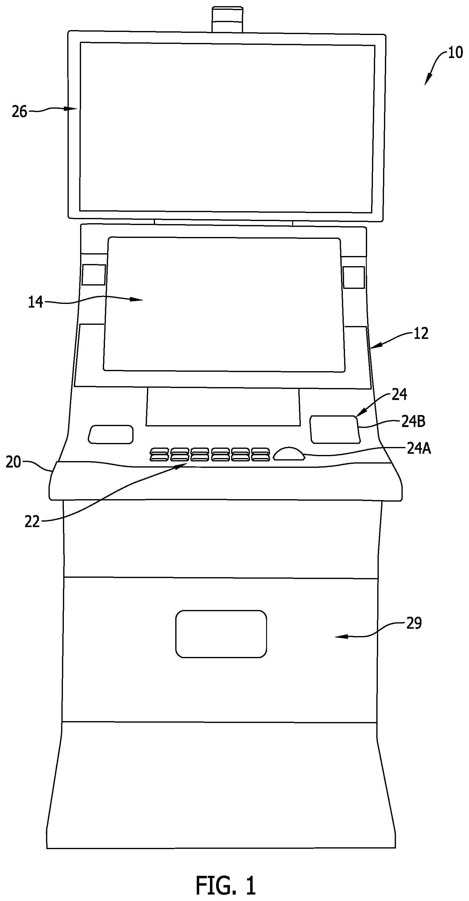 Patent US12311275 Figure 1 – Electronic gaming machine including a wireless charging apparatus
