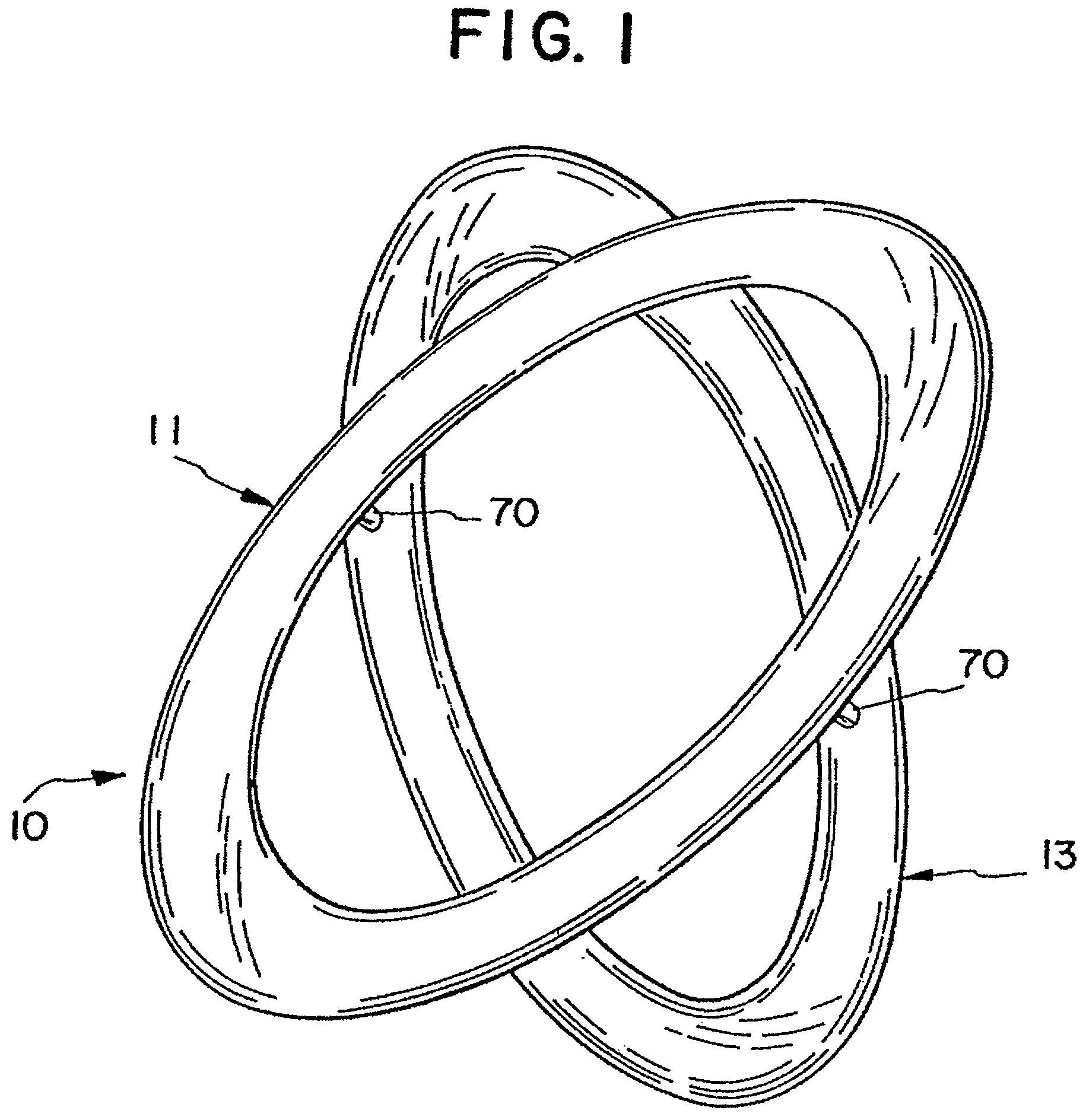Patent US12311284 — Bi-elliptical flying toy with anhedral bent rings — Figure 1