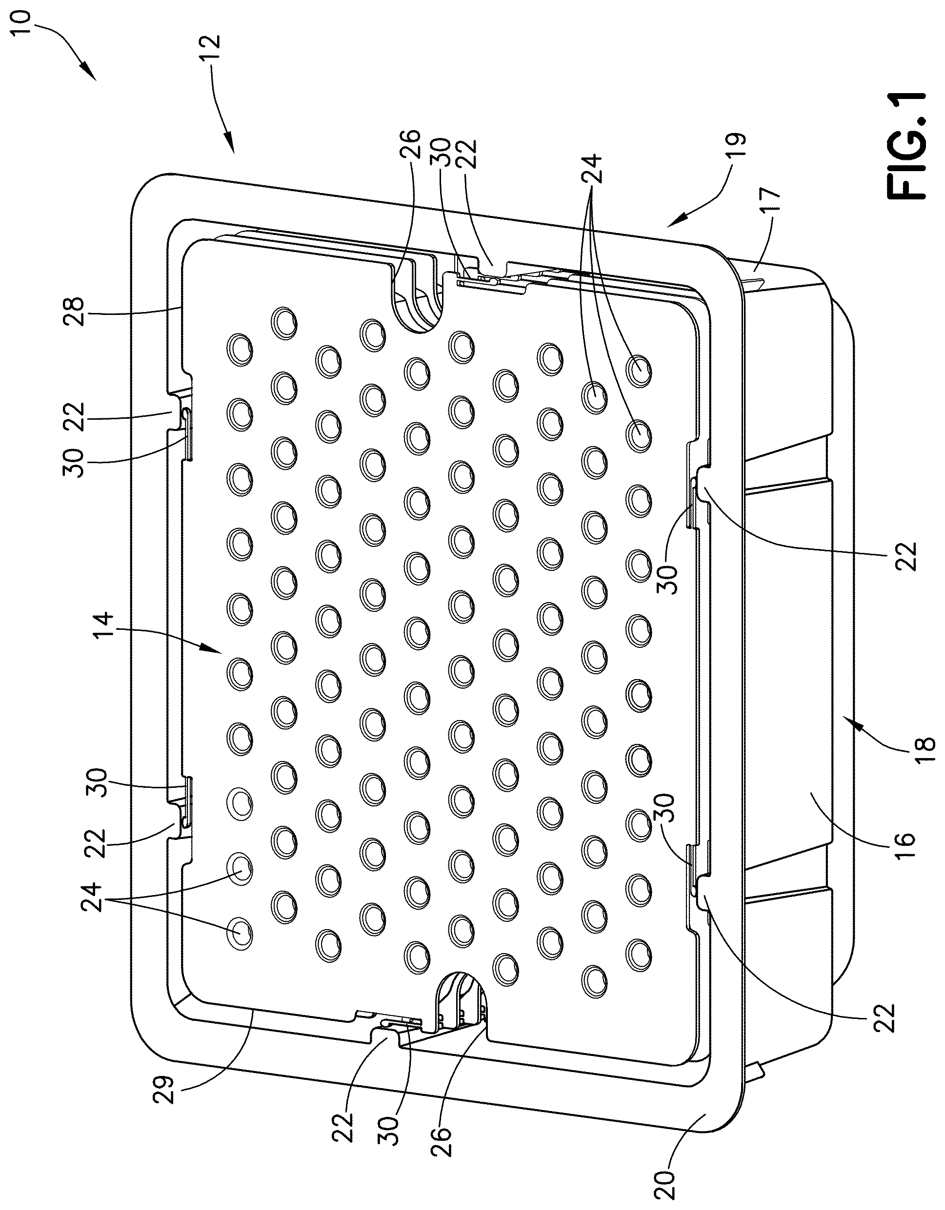 Patent US12311375 — Nest for the packaging of plunger stoppers with clips ensuring a reliable alignment of several nests in a tub — Figure 1