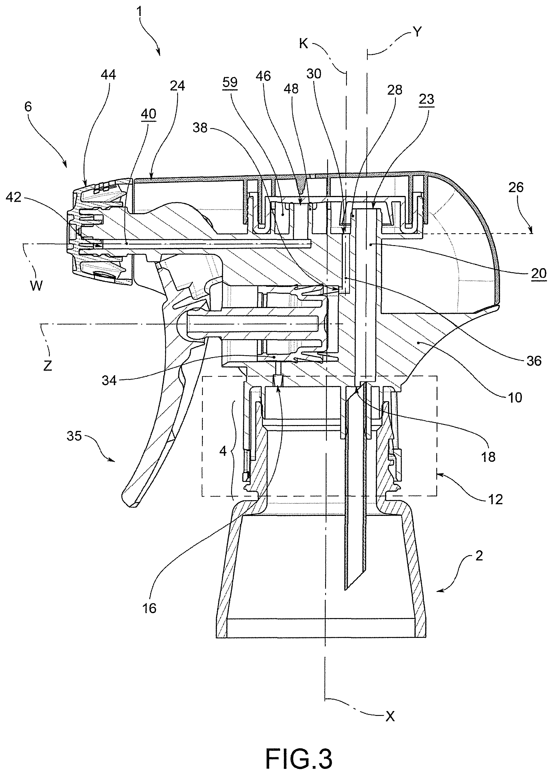 Patent US12311393 Figure 3 – Dispensing head for a trigger dispenser