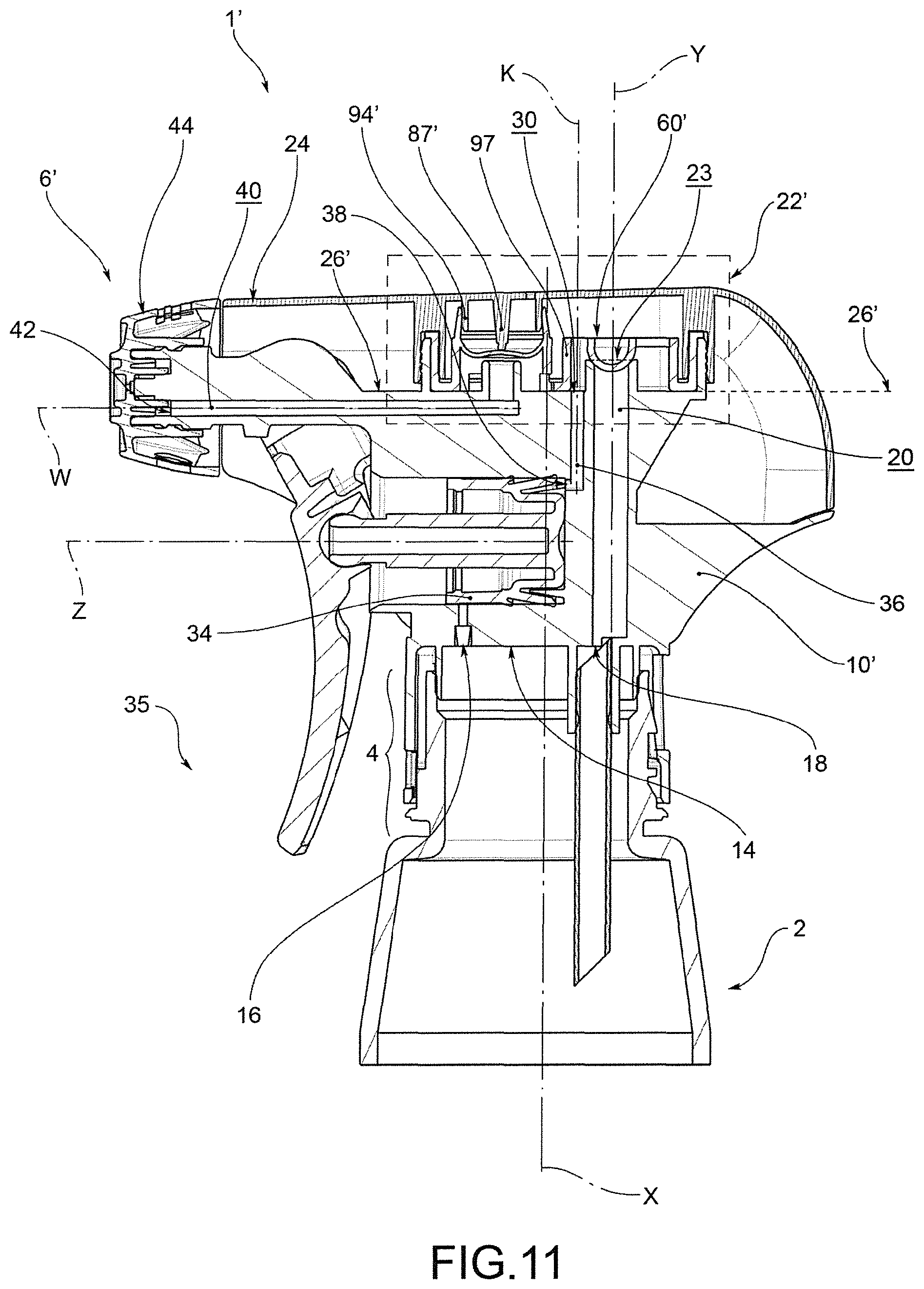 Patent US12311393 Figure 11 – Dispensing head for a trigger dispenser