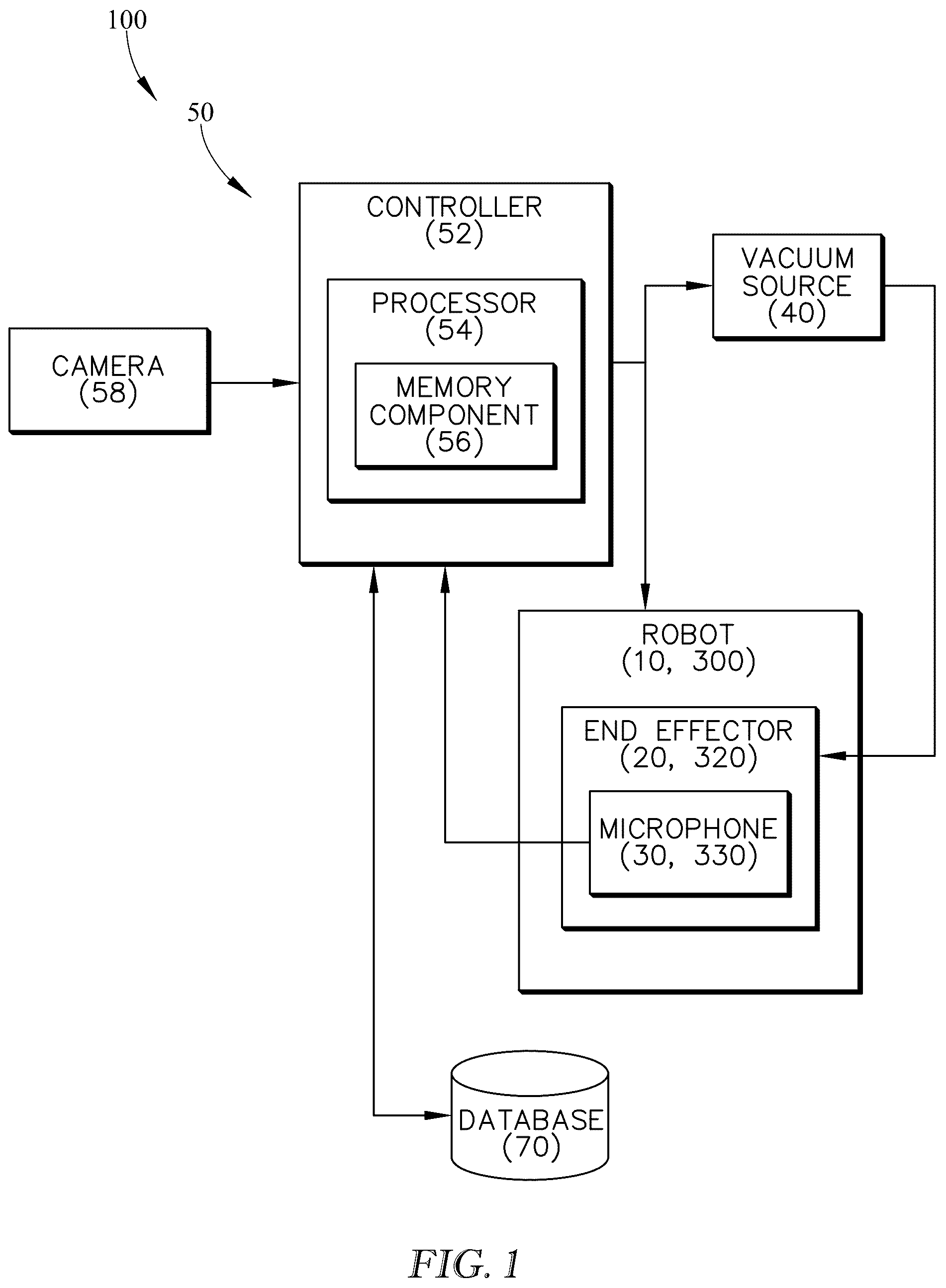 Patent US12311536 — Vacuum-based end effector, system, and method for detecting parcel engagement and classifying parcels using audio — Figure 1