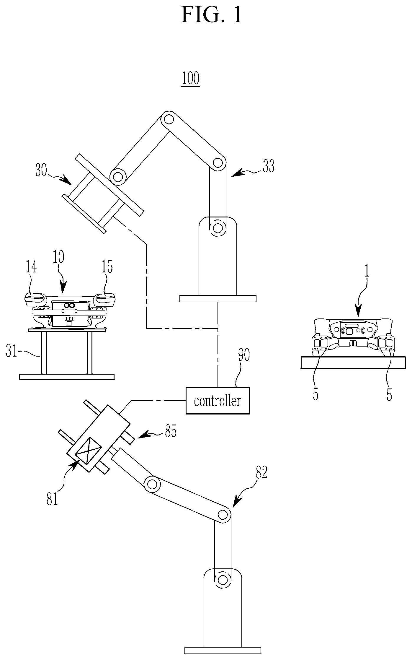 Patent US12311561 Figure 1 – Automated system for mounting front-end module for vehicle