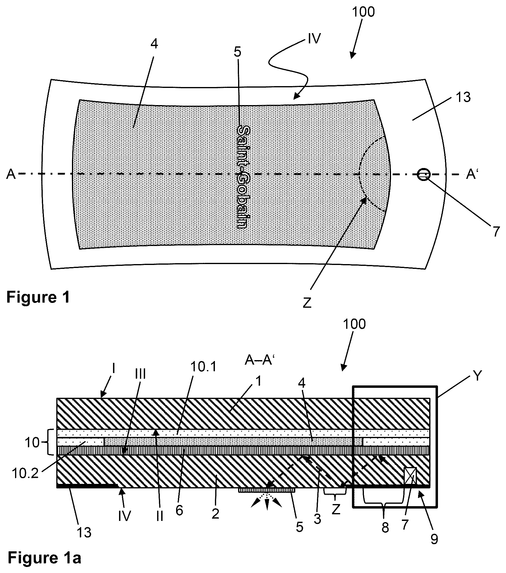 Patent US12311638 — Laminated pane with light source — Figure 1