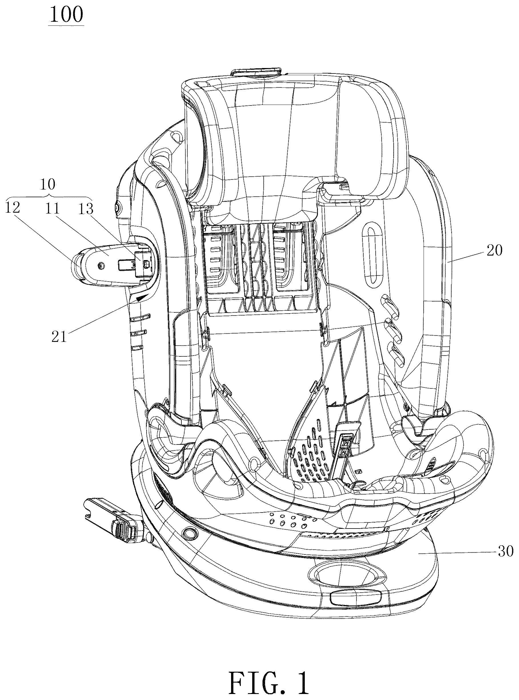 Patent US12311815 Figure 1 – Child safety seat and side collision protection mechanism thereof