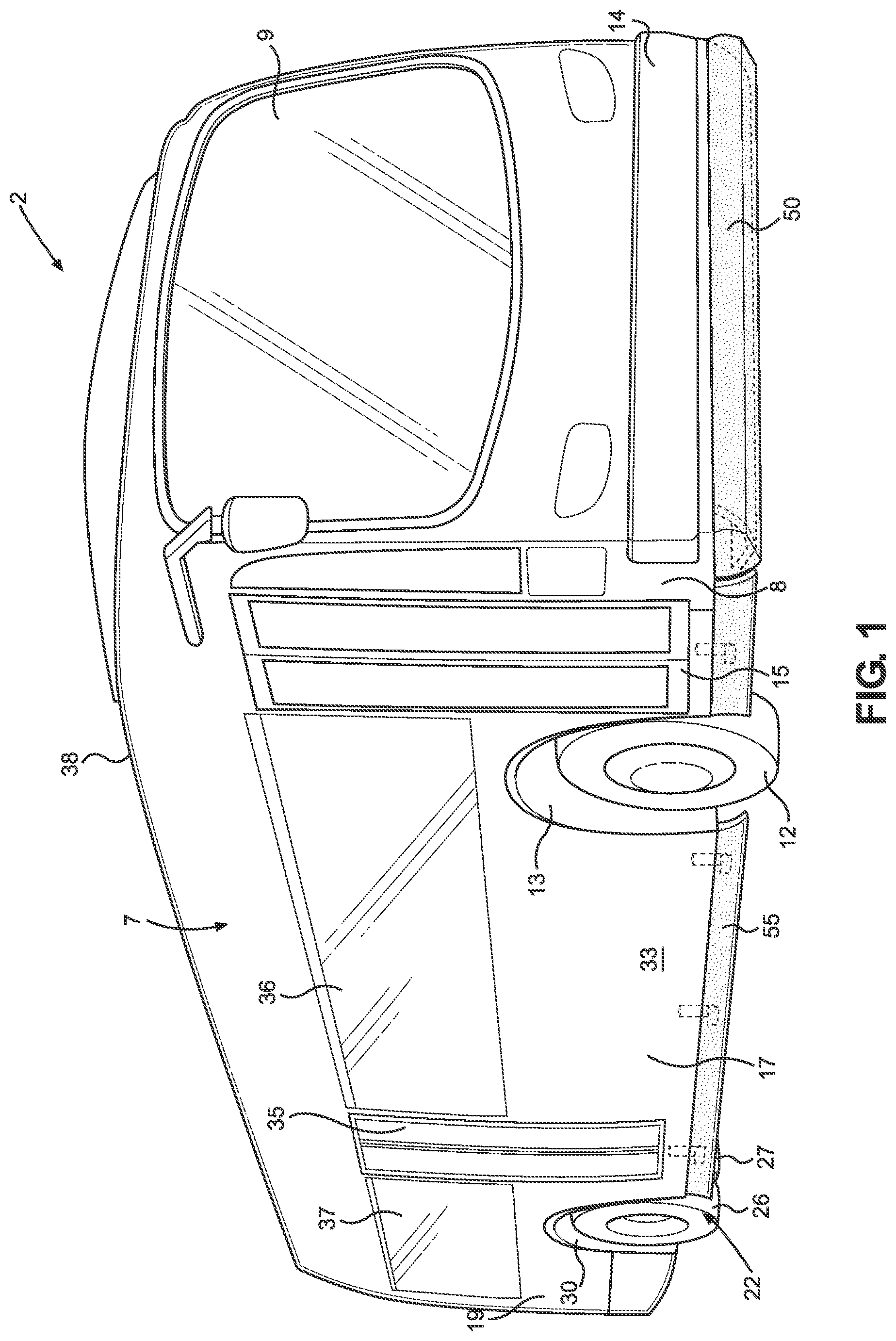 Patent US12311858 Figure 1 – Vehicle safety guard system with height adjustment