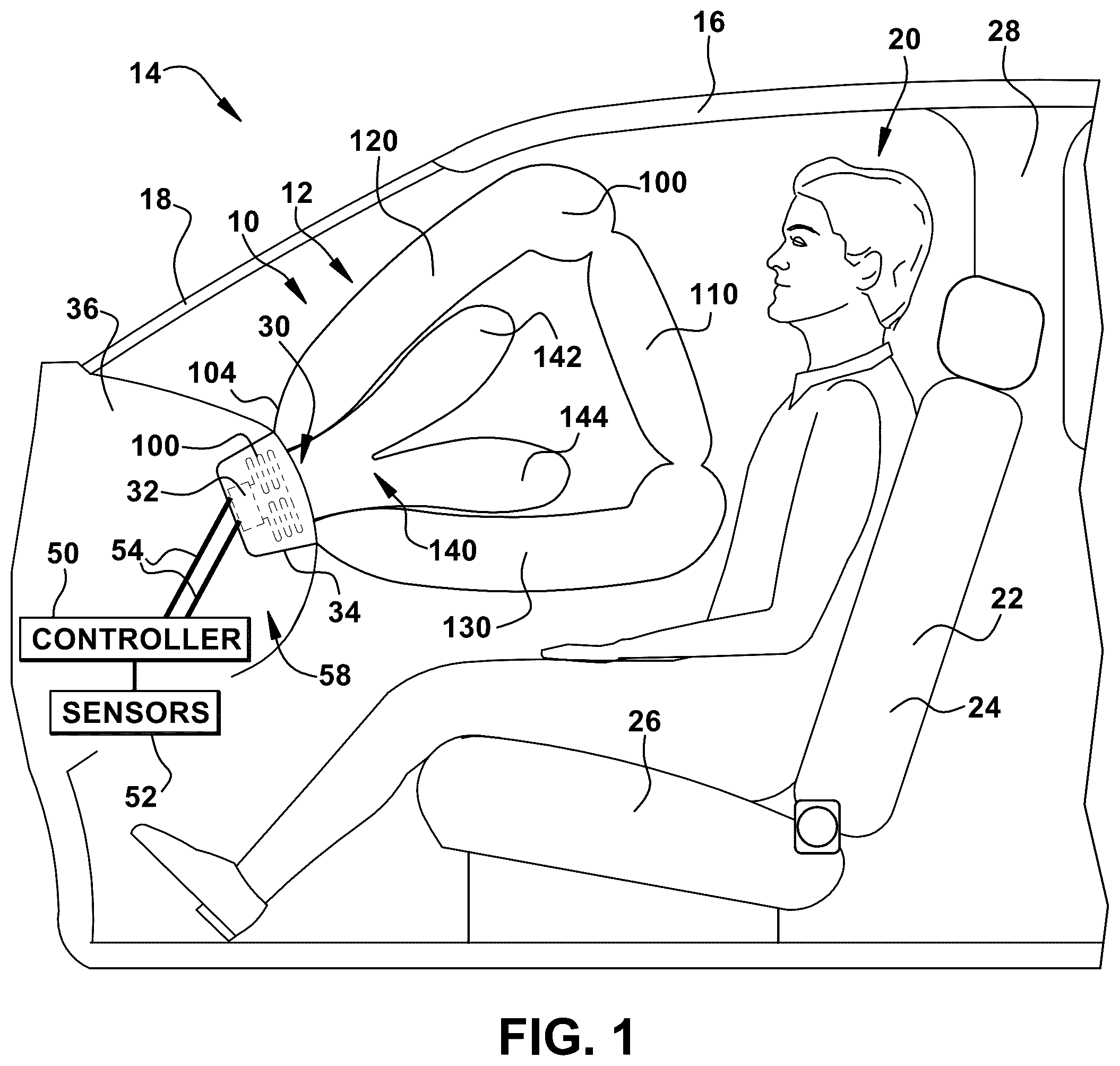 Patent US12311866 — Low-volume multi-chambered airbag — Figure 1