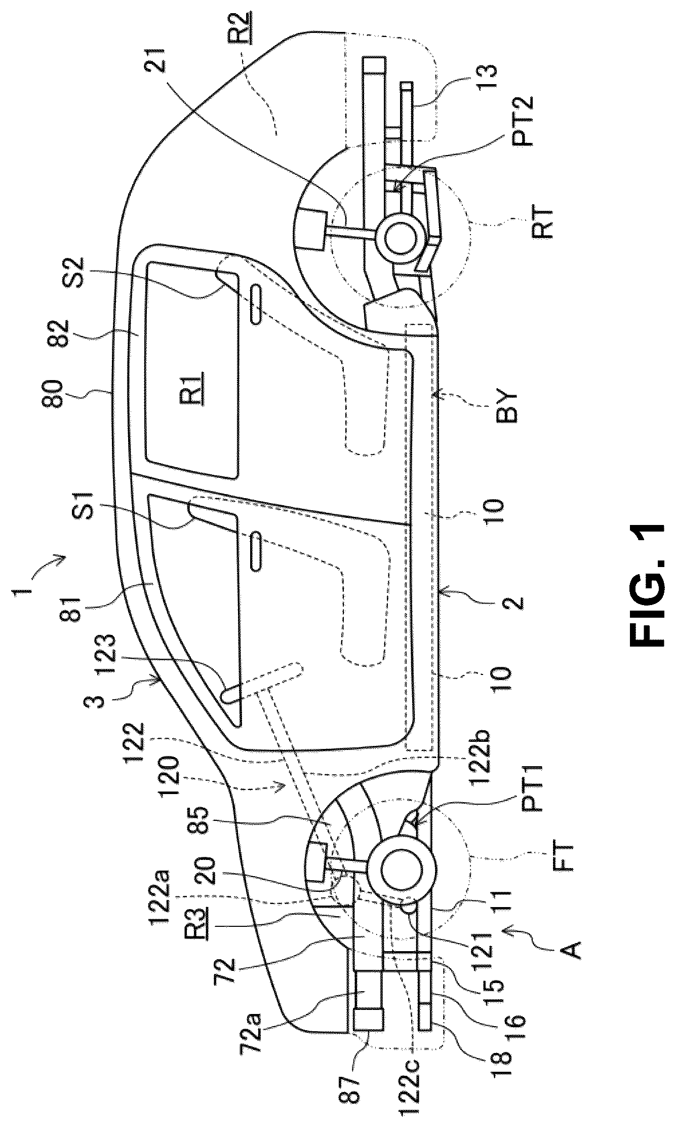 Patent US12312010 Figure 1 – Vehicle-body front structure