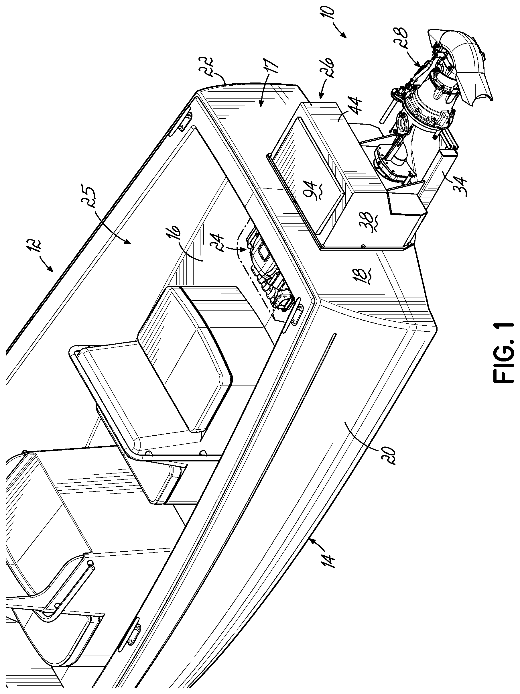Patent US12312056 — Jet pump assembly and method of securing jet pump assembly to pontoon boat — Figure 1