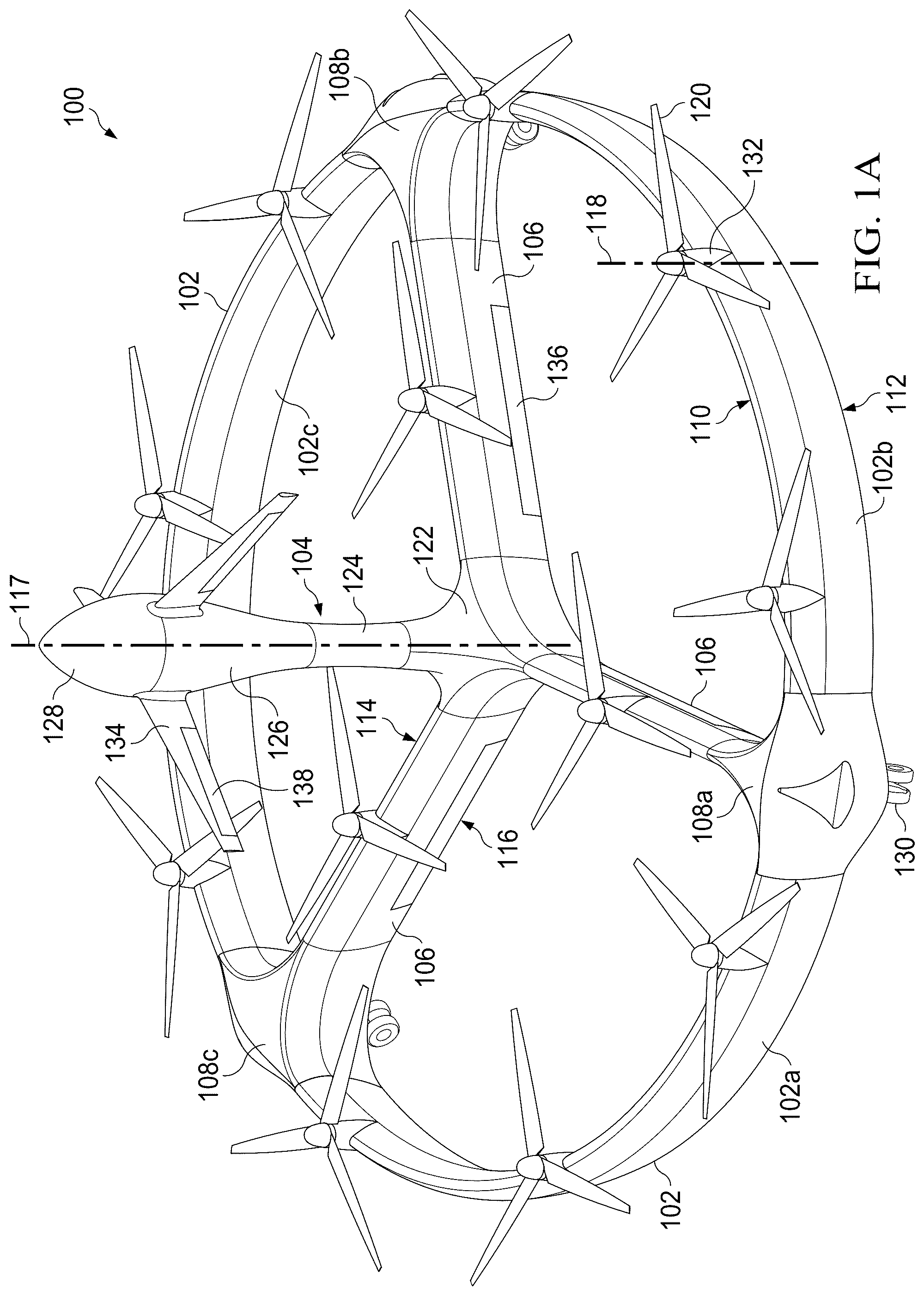 Patent US12312078 Figure 1 – Distributed propulsion system for vertical take off and landing closed wing aircraft