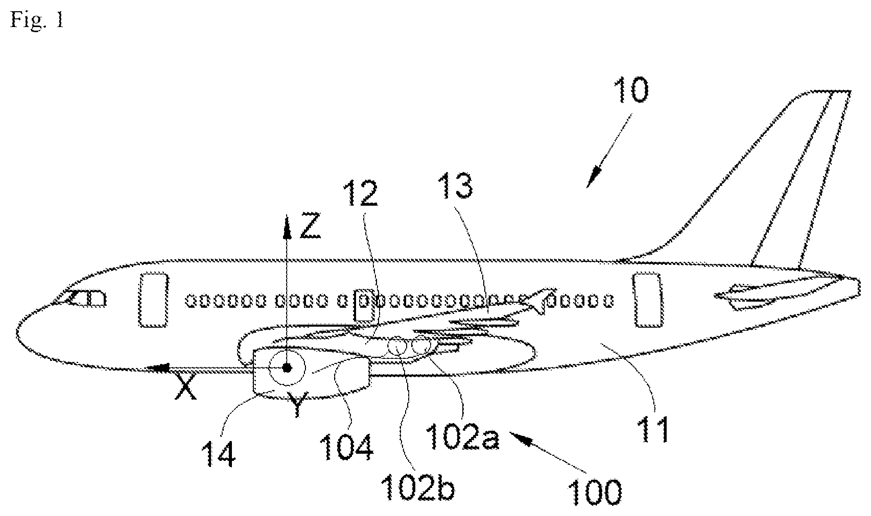 Patent US12312096 Figure 1 – Assembly for an aircraft, said assembly comprising a pylon and a reservoir containing an extinguishing fluid