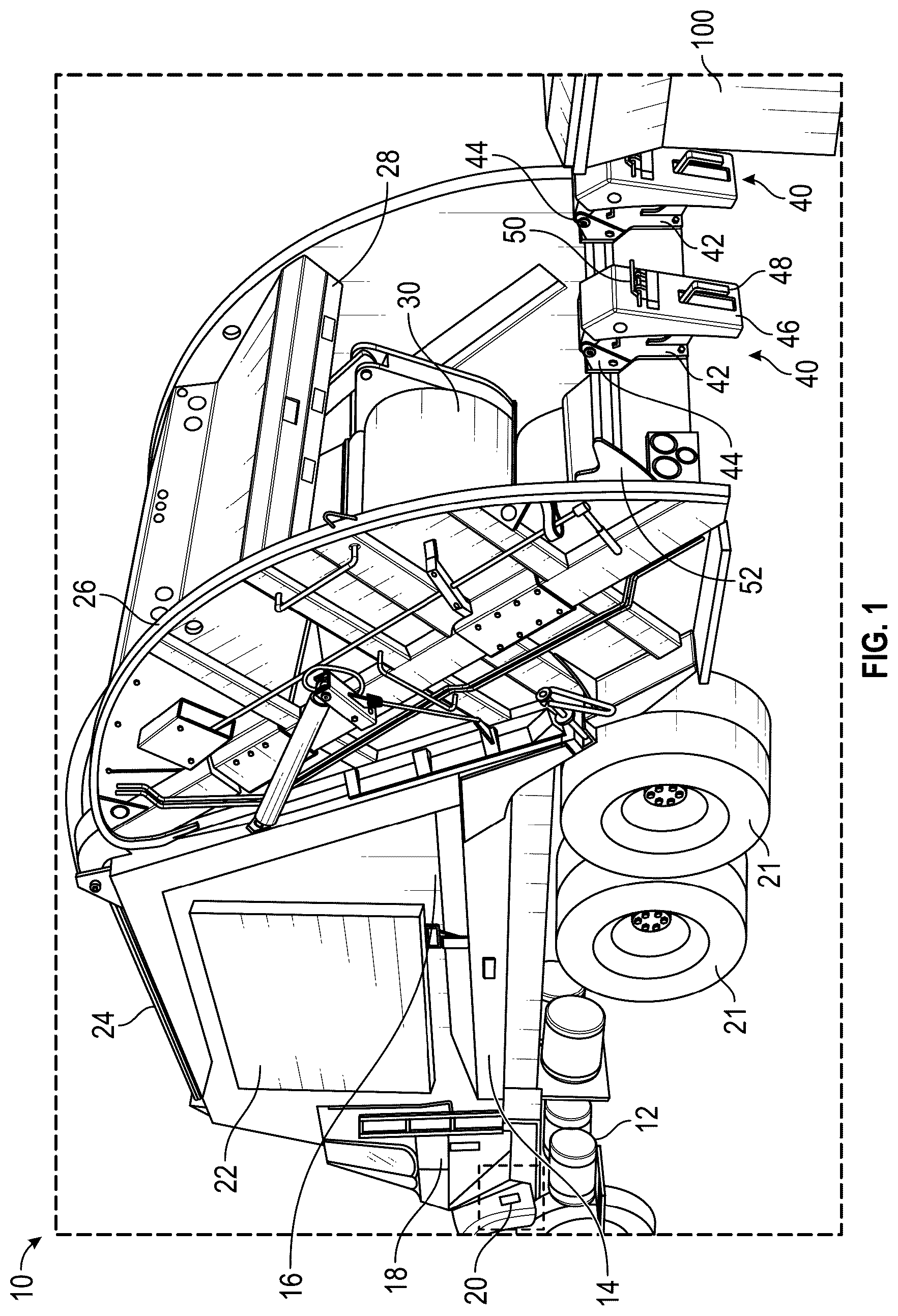 Patent US12312166 — Adjustable tipping device for a refuse vehicle — Figure 1
