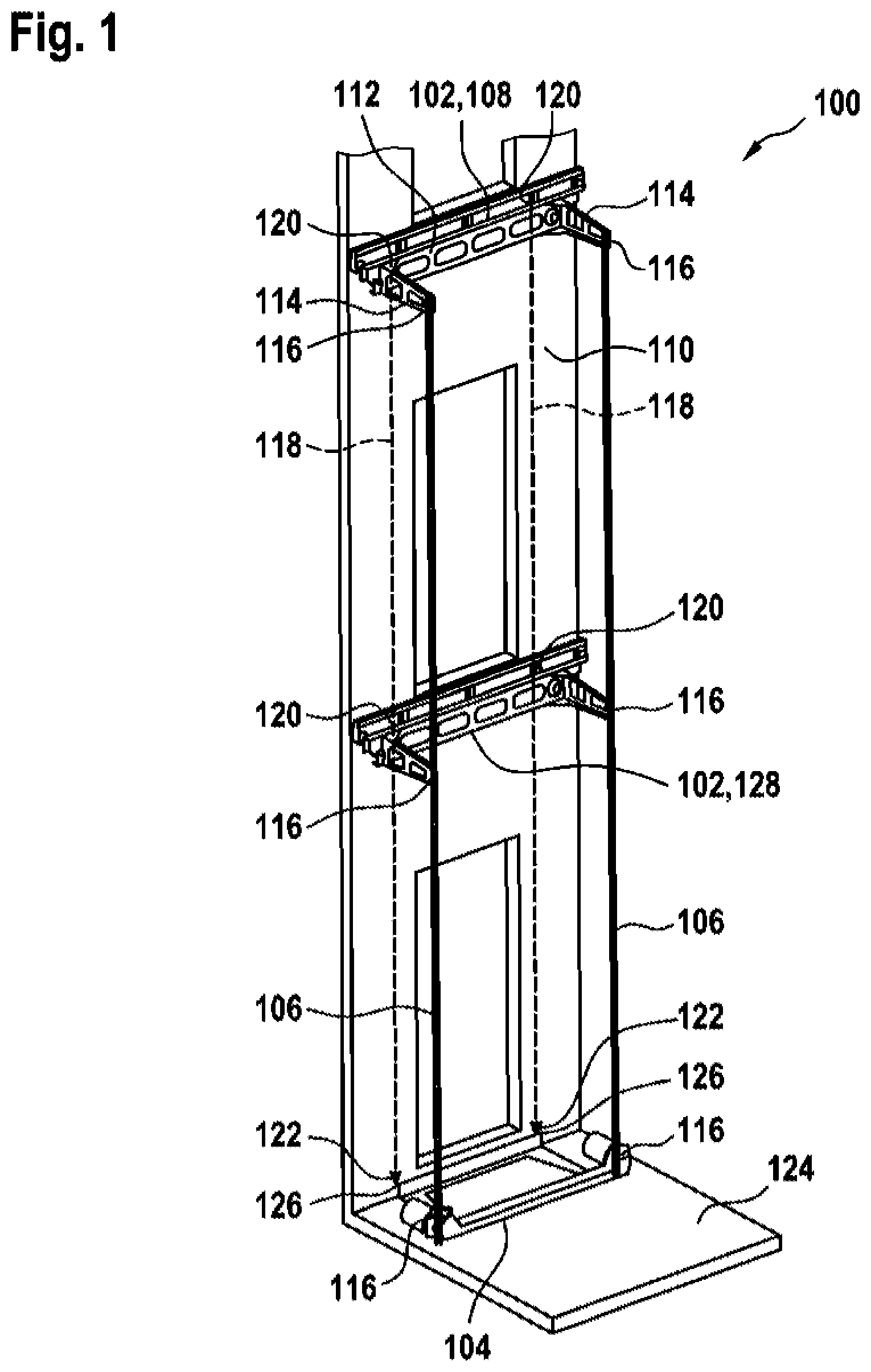 Patent US12312213 — Universal console and pit assembly for a rail vehicle of an elevator system, rail system, and method for aligning the rail system — Figure 1