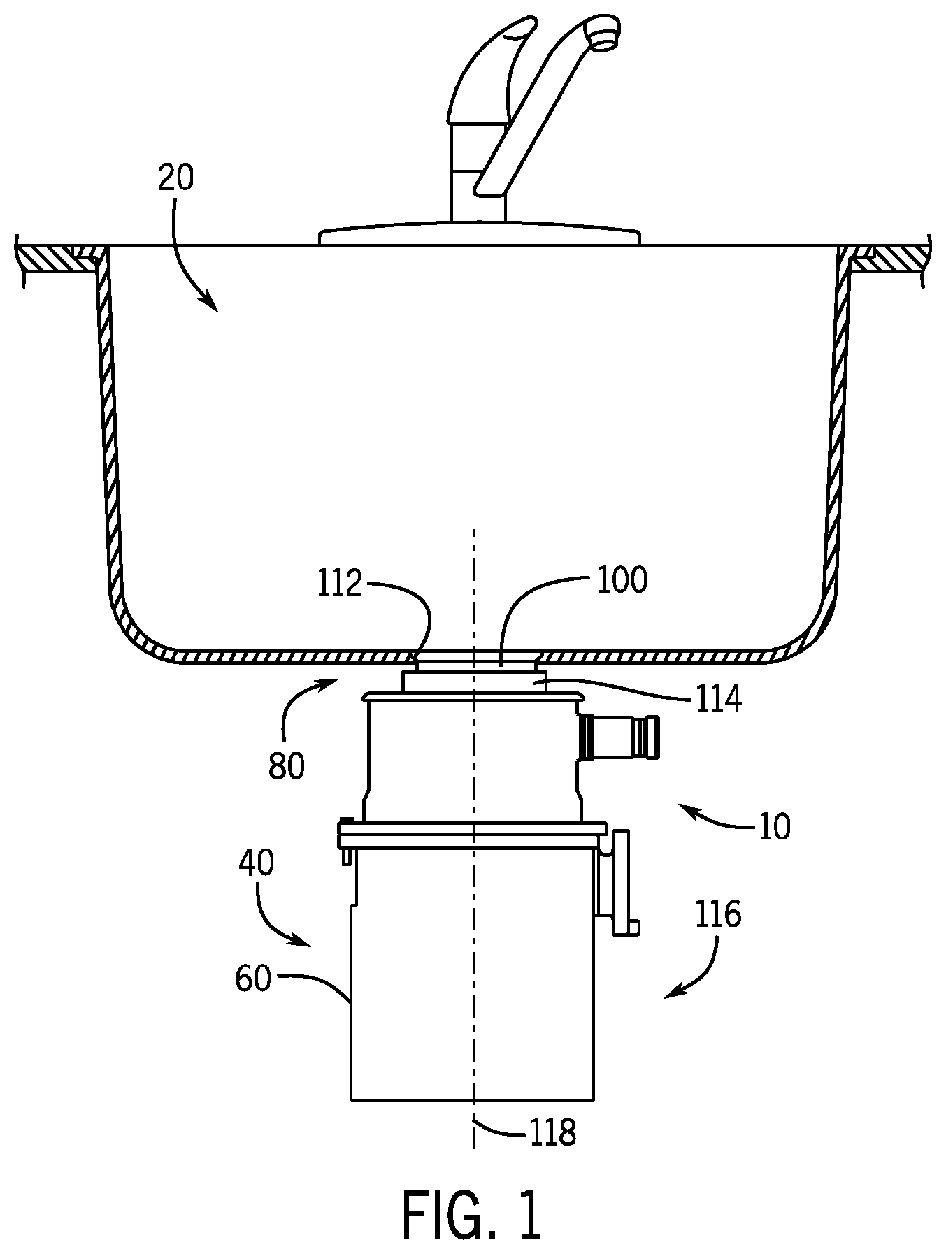 Patent US12312788 — Reversible baffle for disposer system and method of implementing same in a sink flange of a disposer system — Figure 1