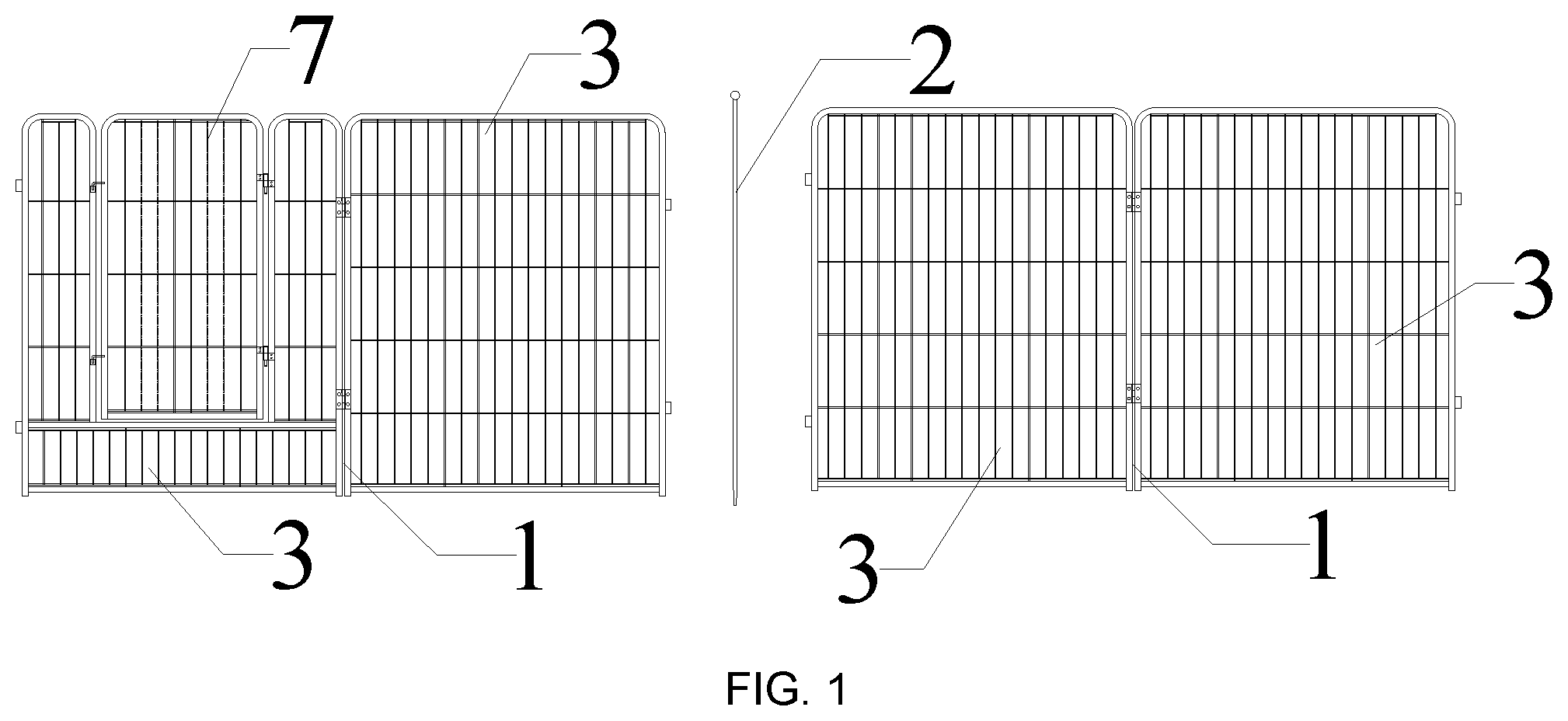 Patent US12312828 Figure 1 – Hinged quick installation fence