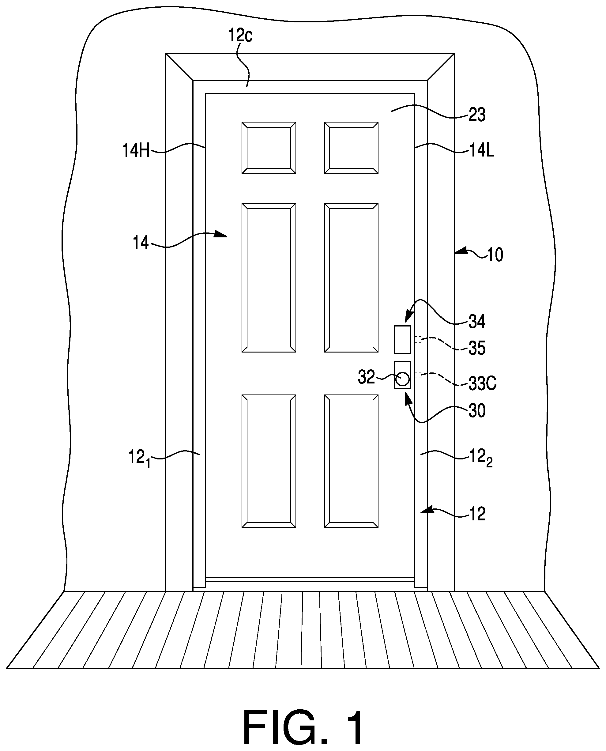 Patent US12312852 — Door assembly with high and low voltage electrical power supplies for integrated electric devices and methods of operating the door — Figure 1