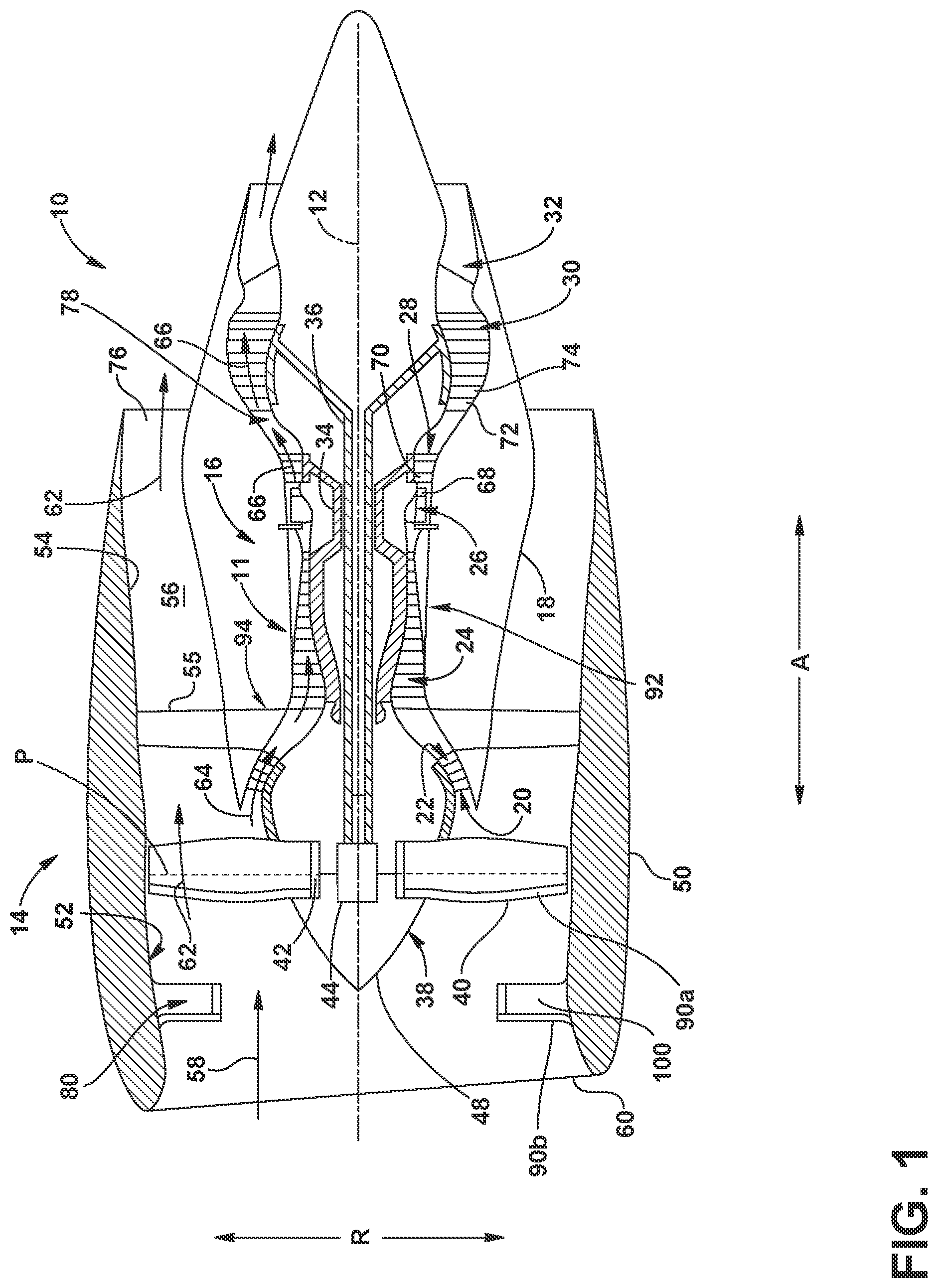 Patent US12312977 — Turbine engine with a primary stage of airfoils and a subsidiary stage of airfoils — Figure 1
