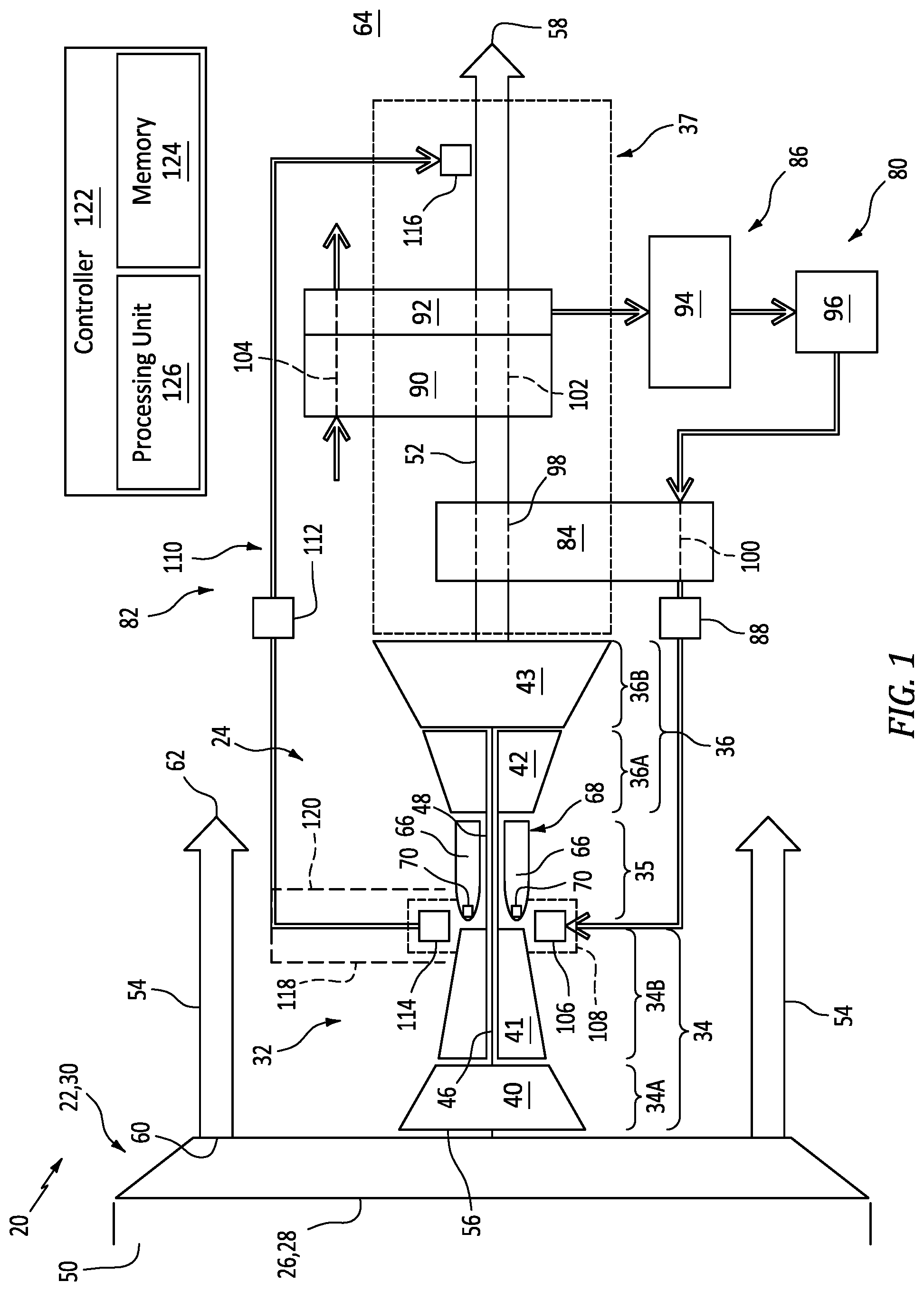 Patent US12312996 Figure 1 – Aircraft powerplant with steam system and bypass