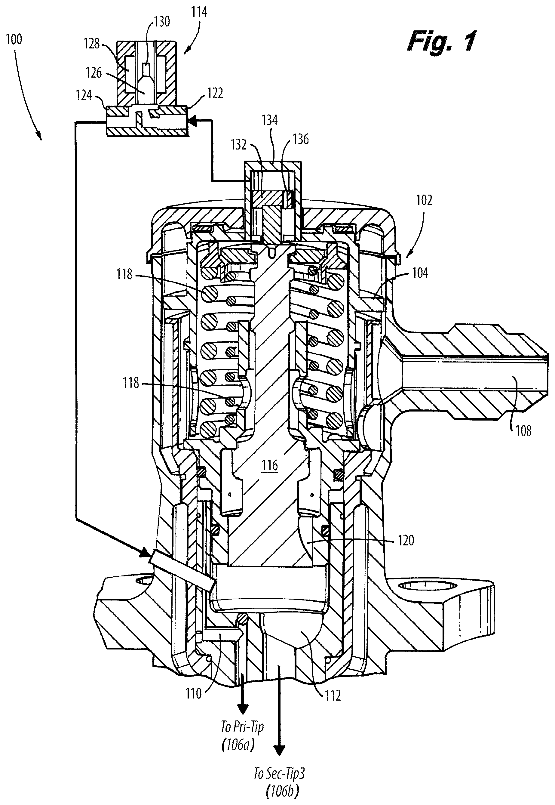 Patent US12313004 — Proportional force modification of passive spool for control of secondary nozzle circuits — Figure 1