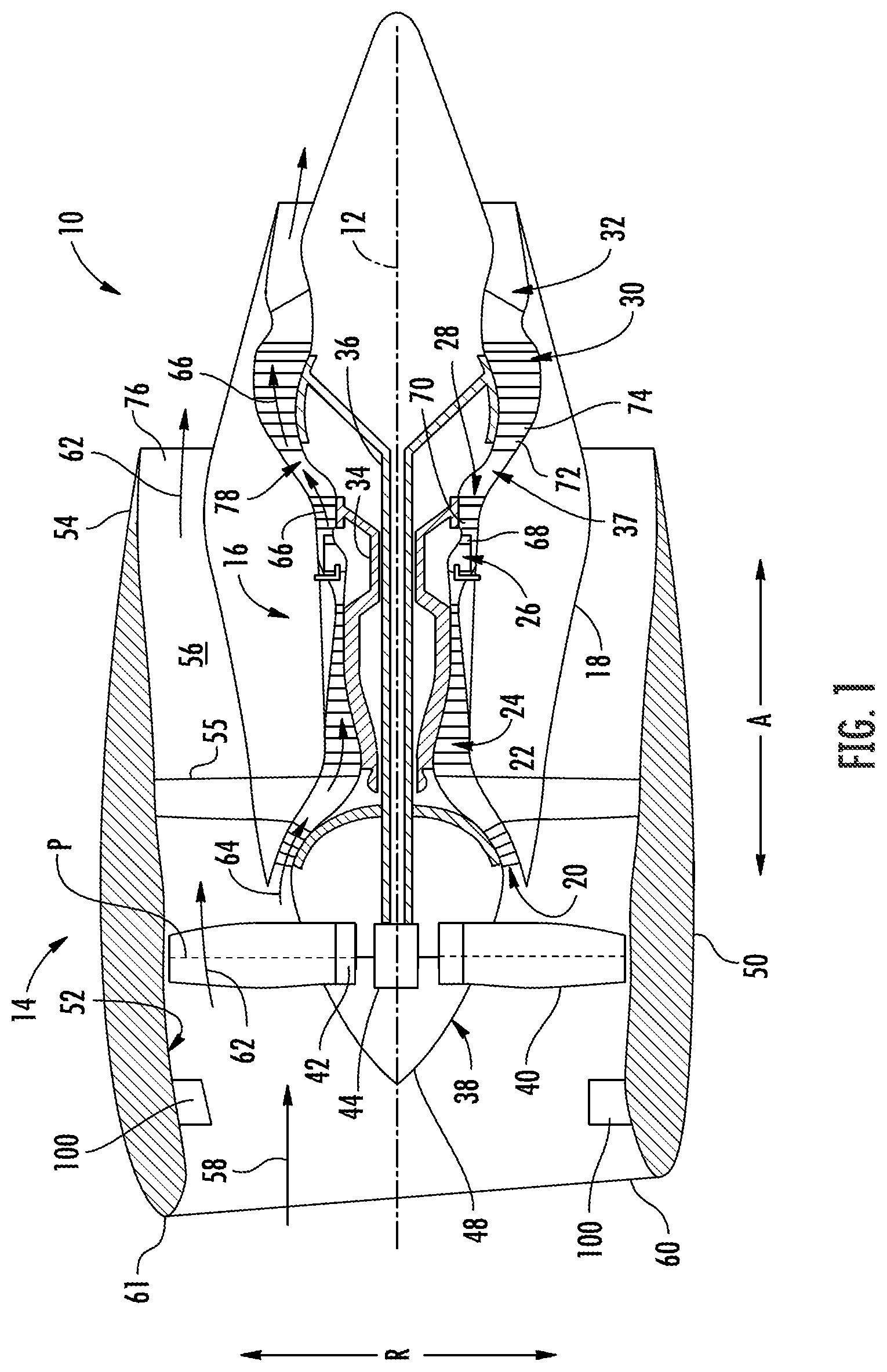 Patent US12313021 — Outer nacelle with inlet guide vanes and acoustic treatment — Figure 1