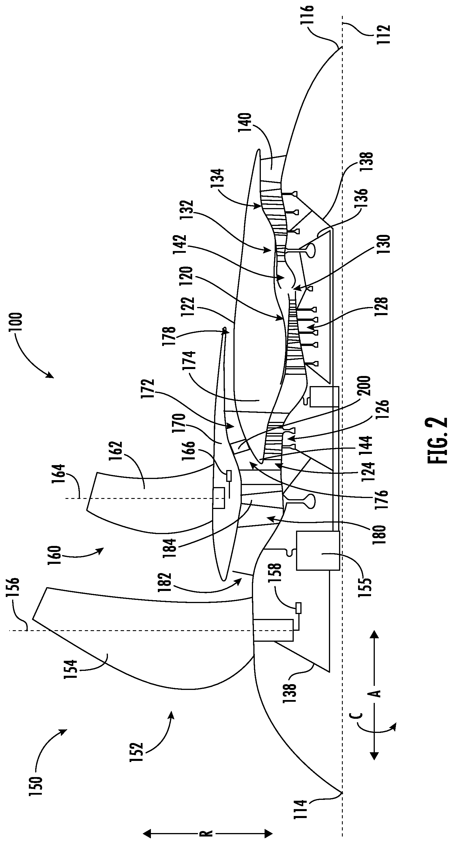 Patent US12313022 Figure 2 – Gas turbine engine having a heat exchanger located in an annular duct