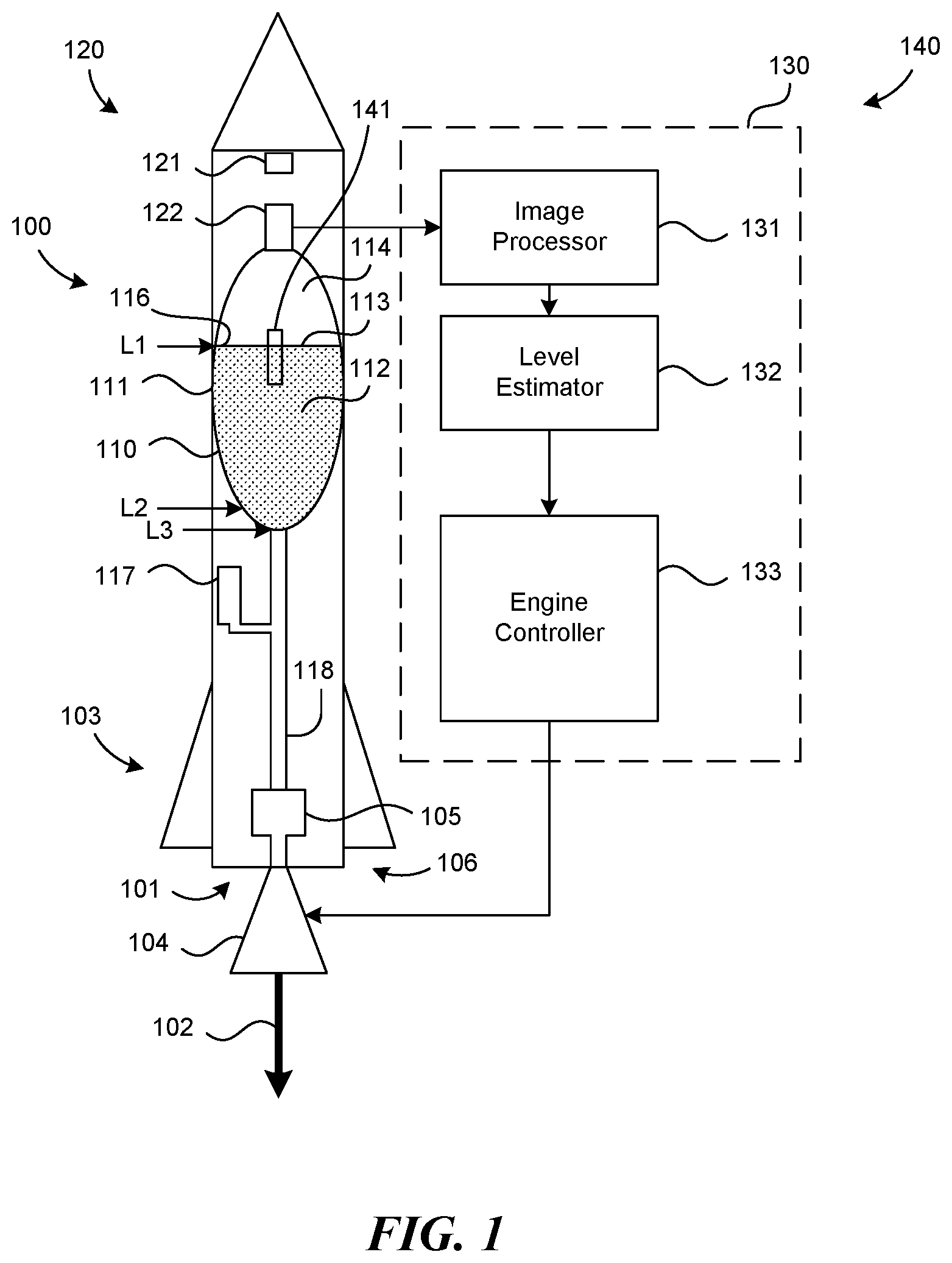 Patent US12313025 — Rocket tank liquid level determination, and associated systems and methods — Figure 1