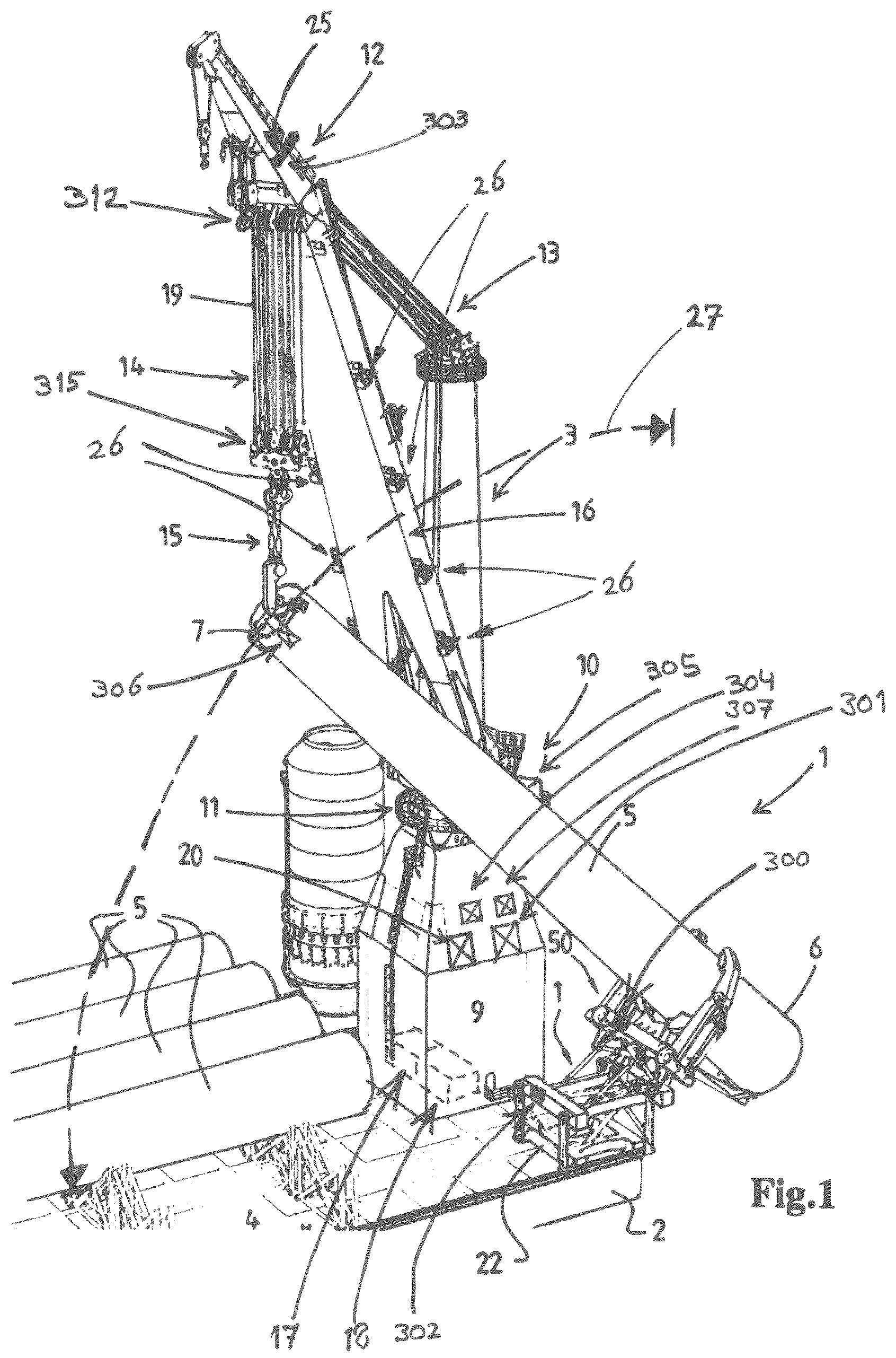 Patent US12313035 — Offshore vessel, preferably an offshore wind turbine installation vessel, a crane for providing such a vessel, and a method for using such a crane, preferably for upending a monopile — Figure 1