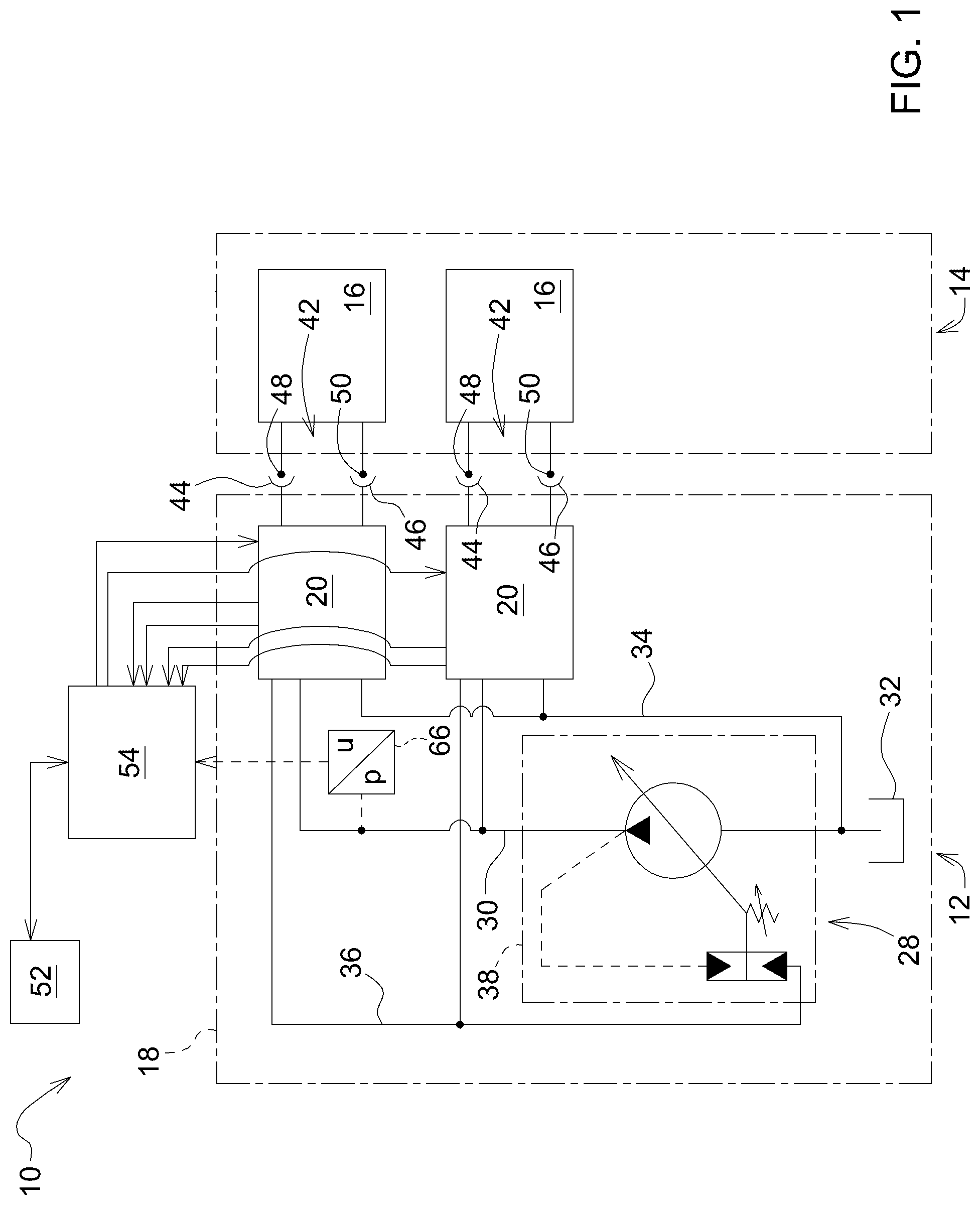 Patent US12313091 Figure 1 – Arrangement for operating a hydraulic consumer