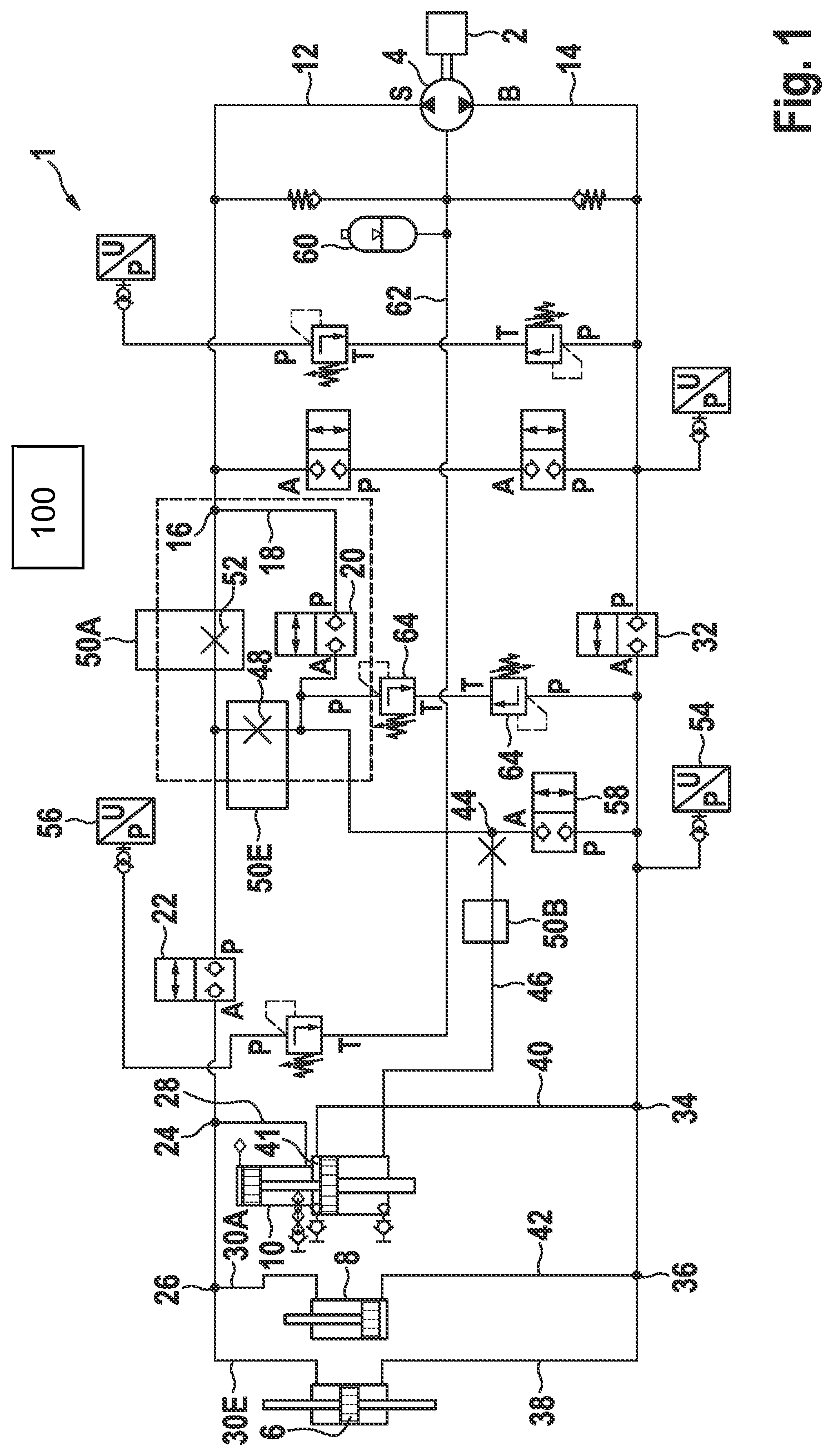 Patent US12313104 — Hydraulic arrangement with load-holding function and hydraulic arrangement control method — Figure 1