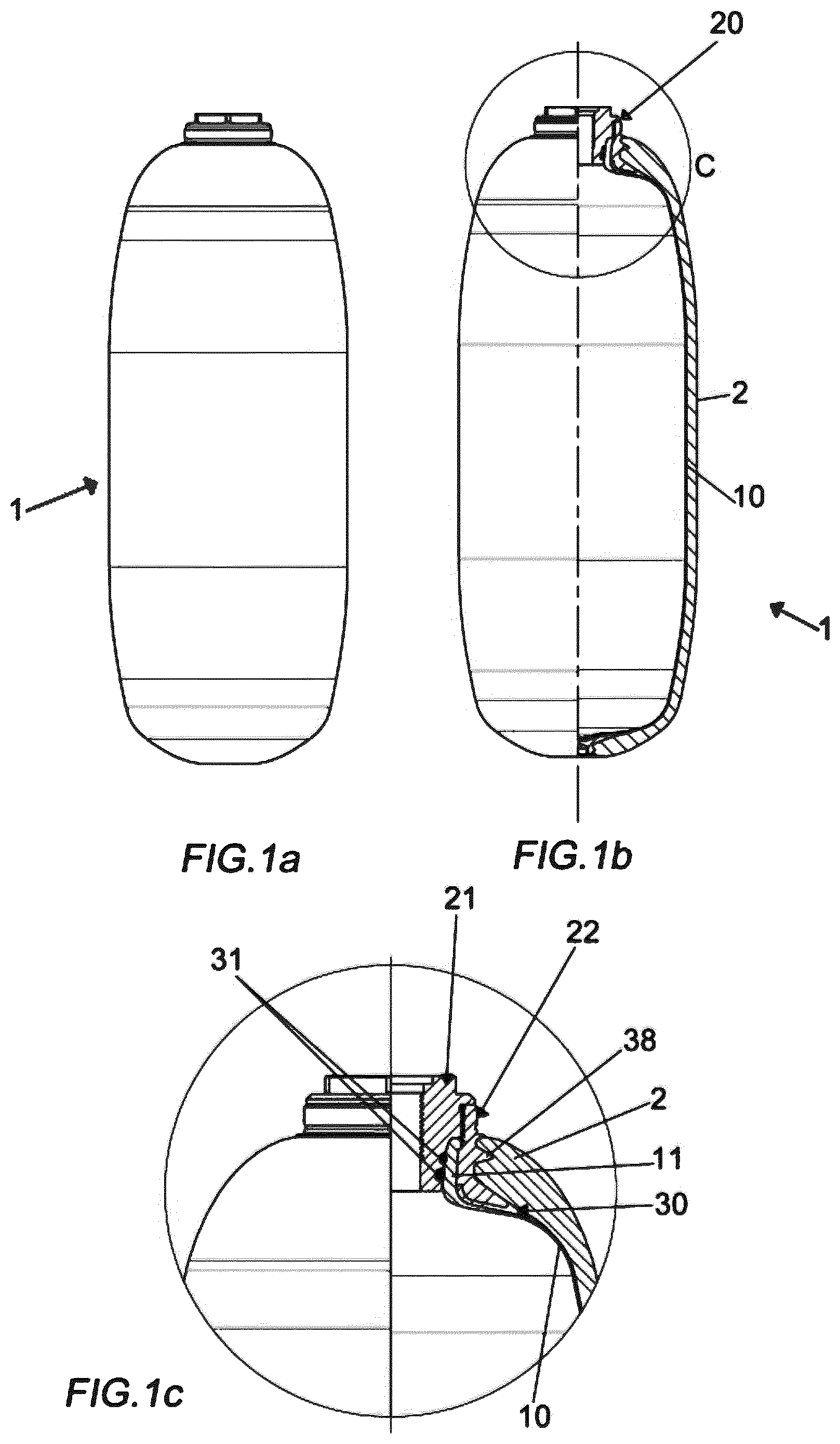 Patent US12313222 — Cylinder with core in plastic material and surface covering in composite material provided with nozzle and related method of production — Figure 1