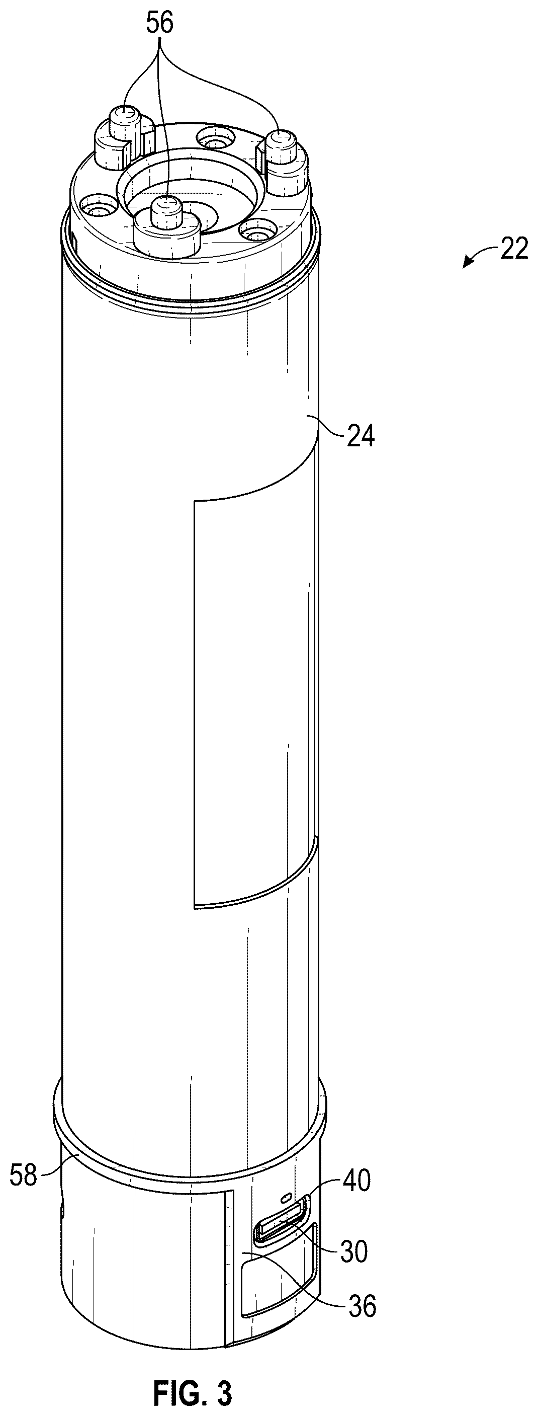 Patent US12313228 Figure 3 – Flashlight with rechargeable battery assembly