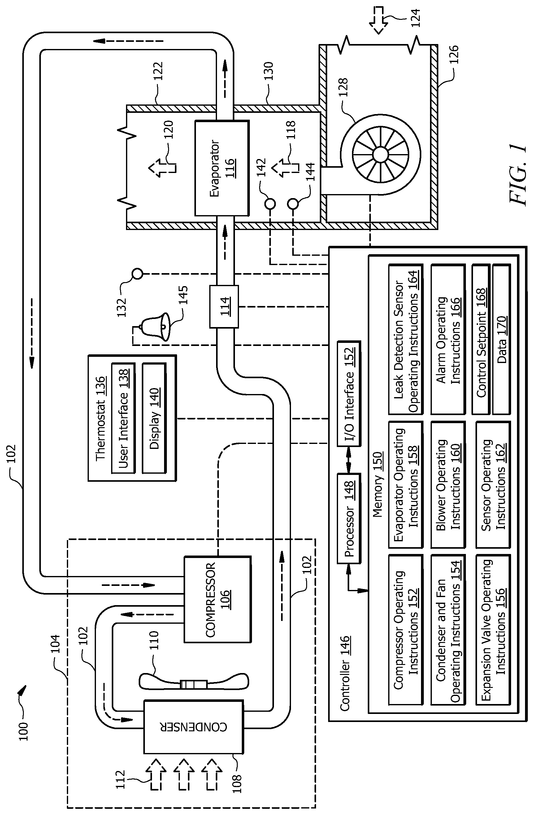 Patent US12313272 Figure 1 – HVAC system and methods of using the same for leak detection