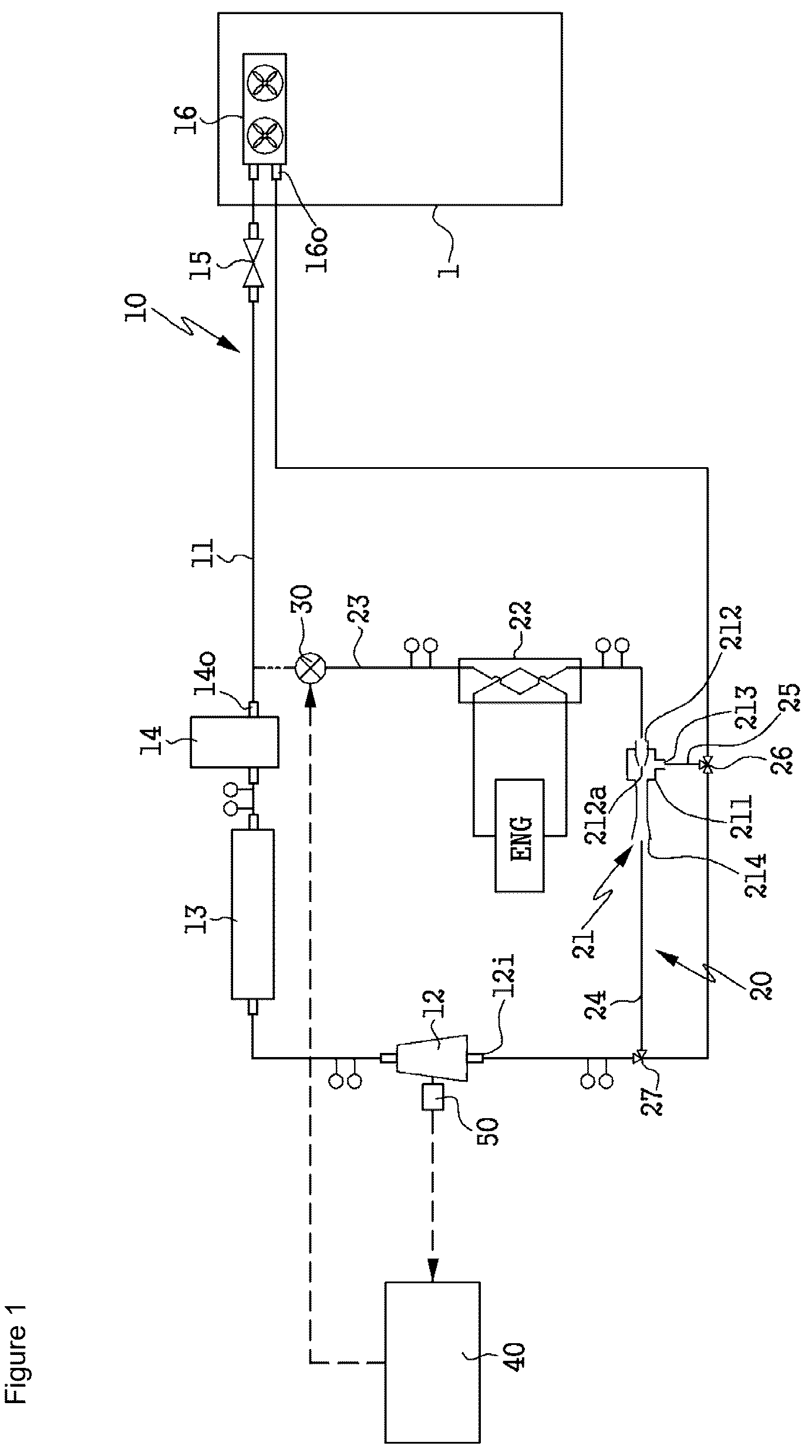 Patent US12313317 Figure 1 – Refrigerator for refrigerating vehicle using ejector and method of controlling the same