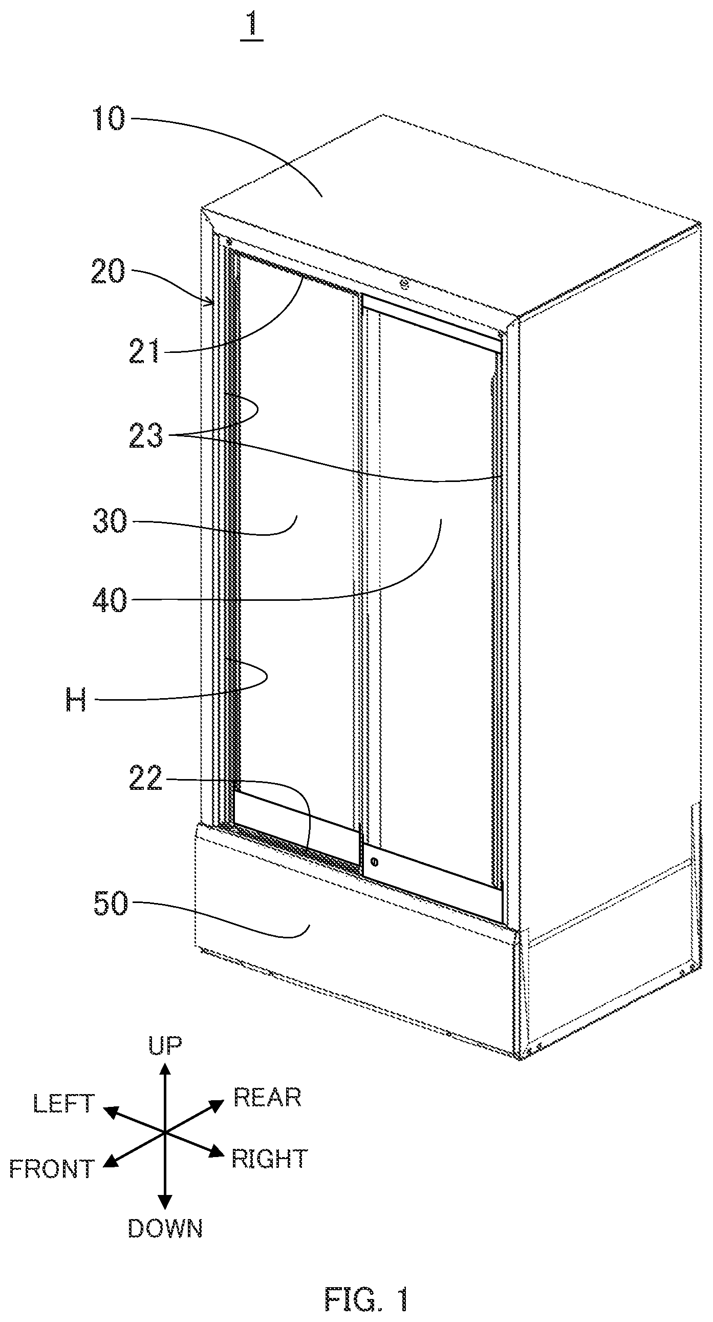 Patent US12313345 — Cold storage including a sliding door having a vertical drain — Figure 1