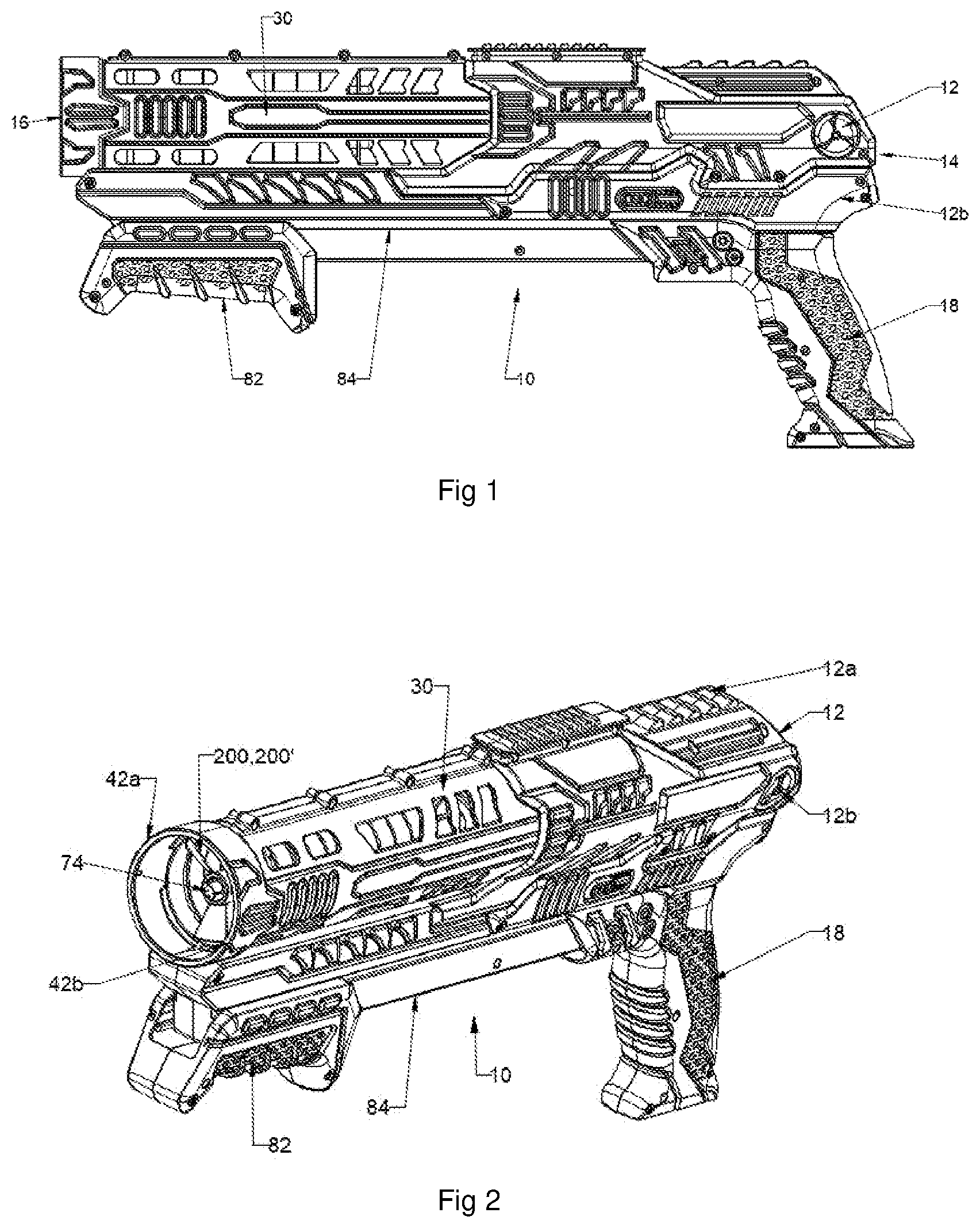 Patent US12313372 Figure 1 – Toy copter ring launcher with axially stacked ring magazine and improved copter ring