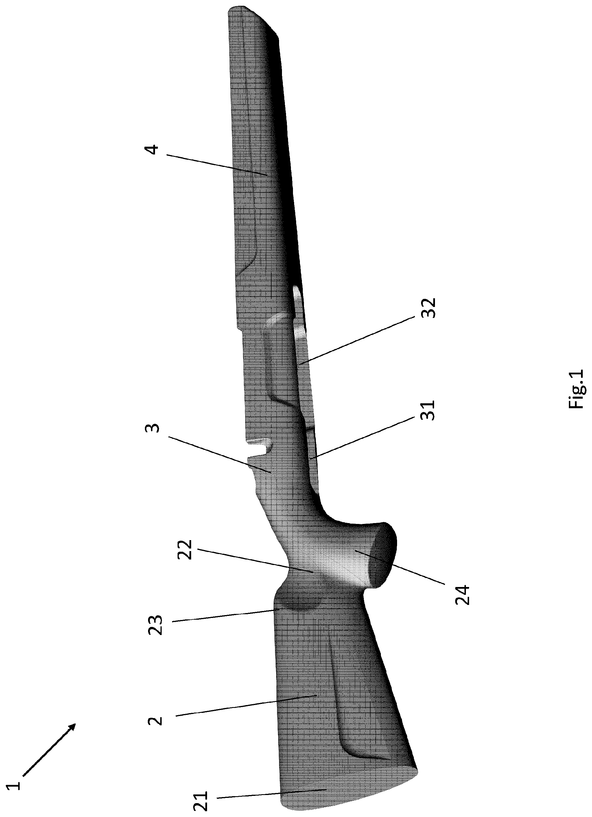 Patent US12313374 — One-piece gunstock of advanced composite material for firearm and manufacturing method thereof — Figure 1