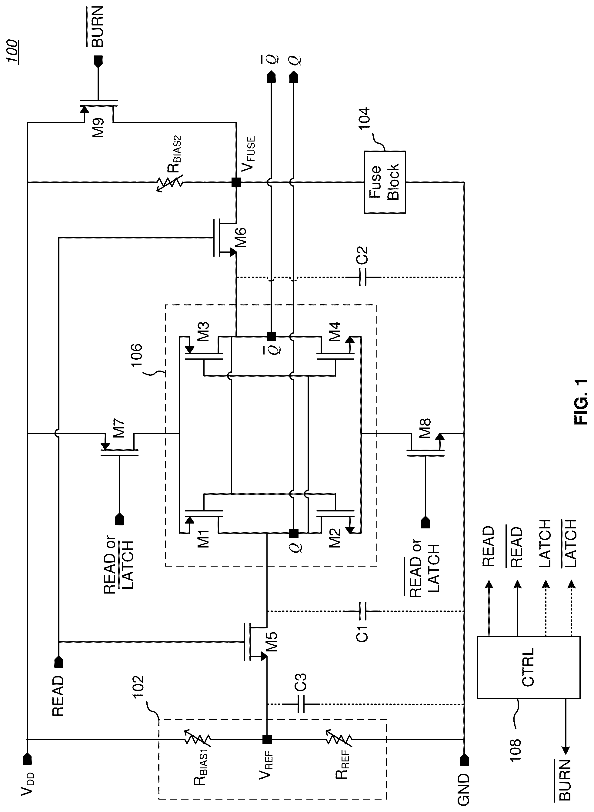 Patent US12313703 Figure 1 – Low-voltage fuse read circuit