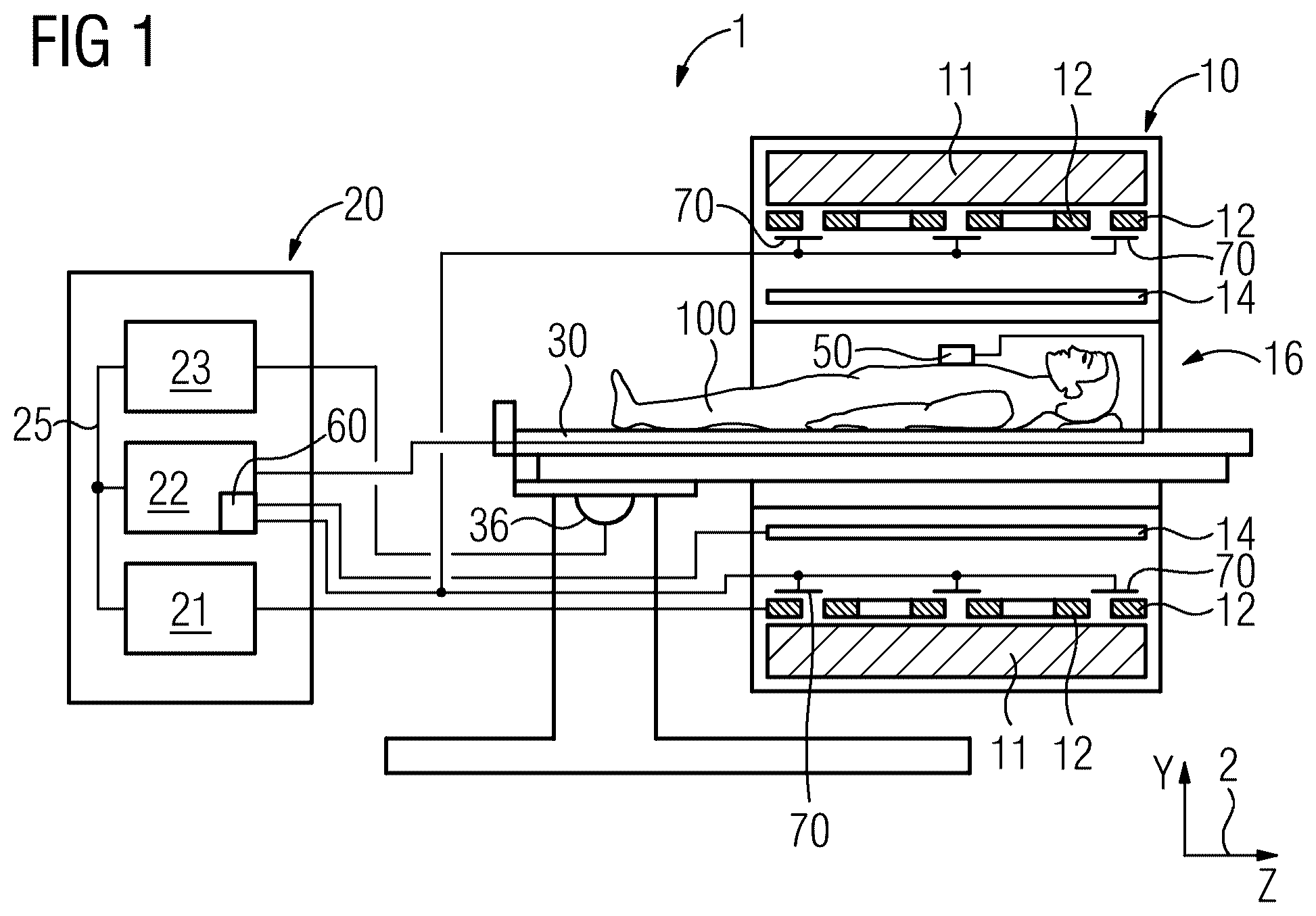 Patent US12313712 — Sensor for detecting gradient-bounded interference to a magnetic resonance tomography system and method for operation — Figure 1