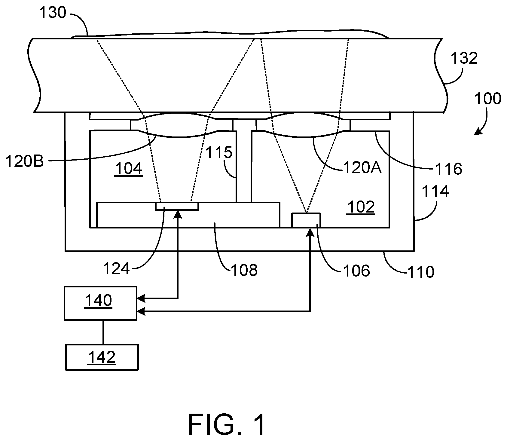 Patent US12313779 — Depth sensing using optical time-of-flight techniques through a transmissive cover — Figure 1