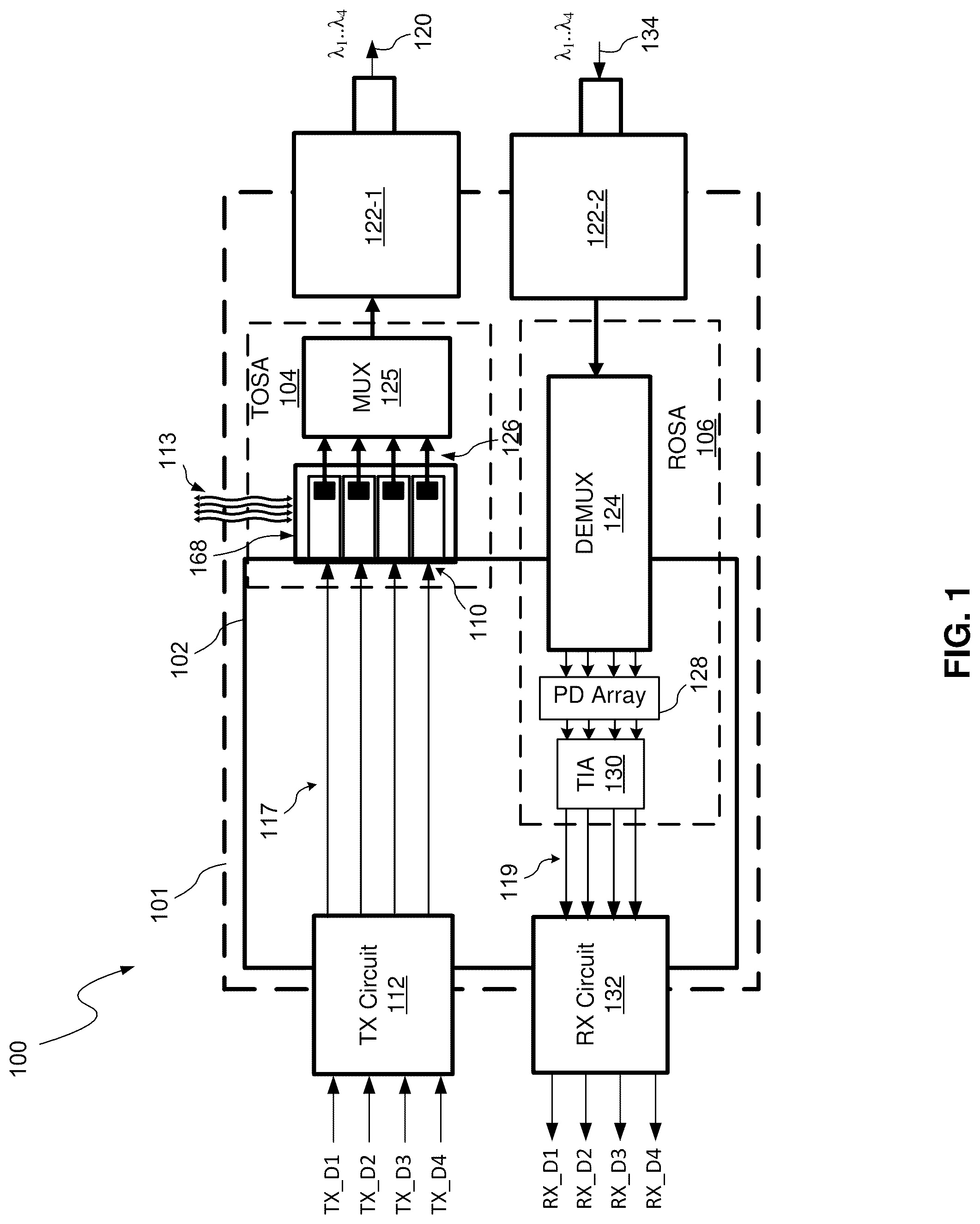 Patent US12313892 — Techniques for thermal management within optical subassembly modules — Figure 1