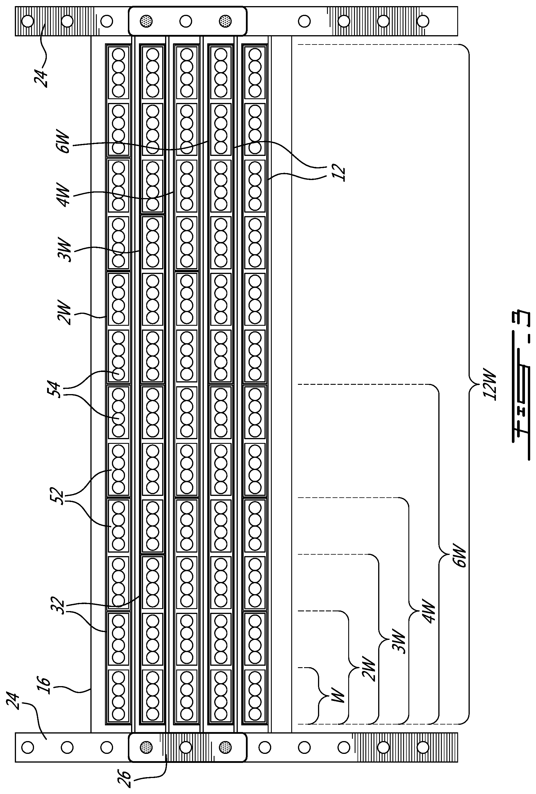 Patent US12313896 Figure 3 – Tray means for providing a plurality of different modular cassette configurations in a fiber optic management system